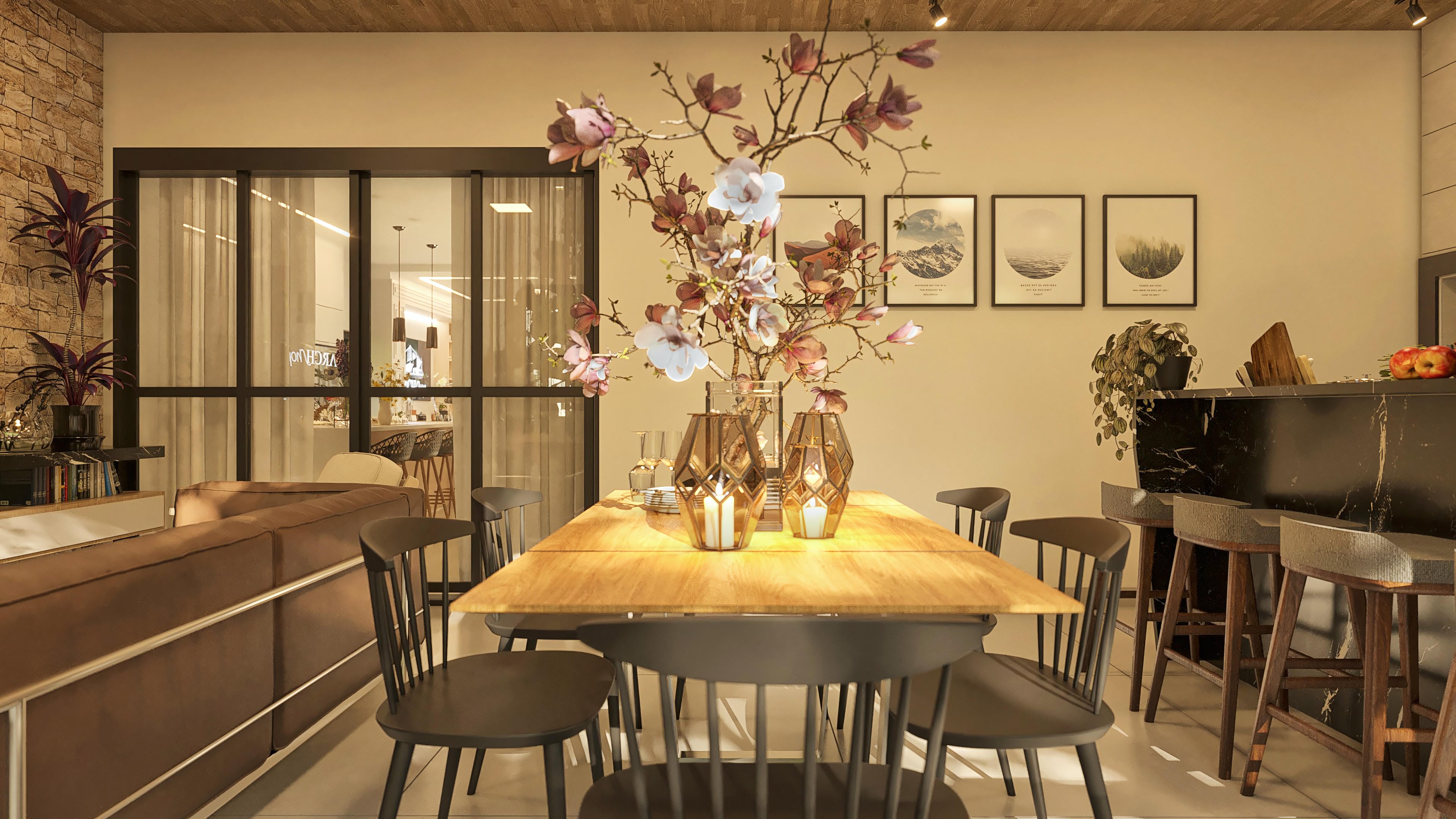 Modern interior with stone wall, wooden dining table, black chairs, and bar with marble counter and stools.