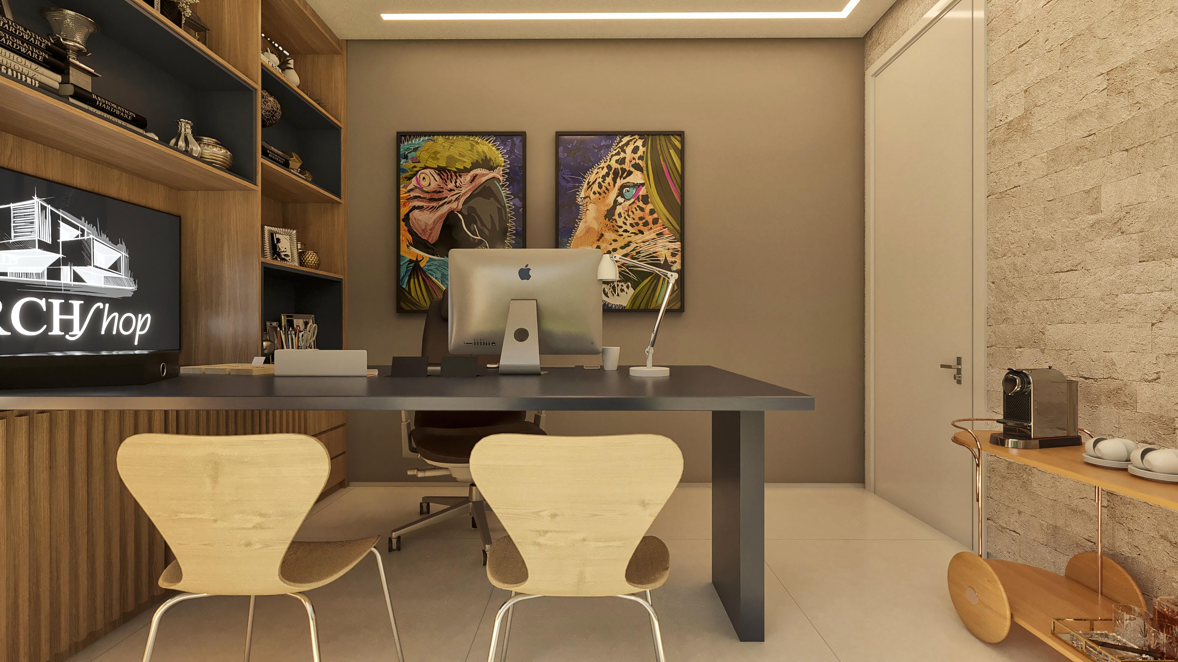 Escritório com móveis modernos em madeira clara, bancada ampla, poltrona executiva, cadeiras com design arrojado e obras de arte vibrantes nas paredes.