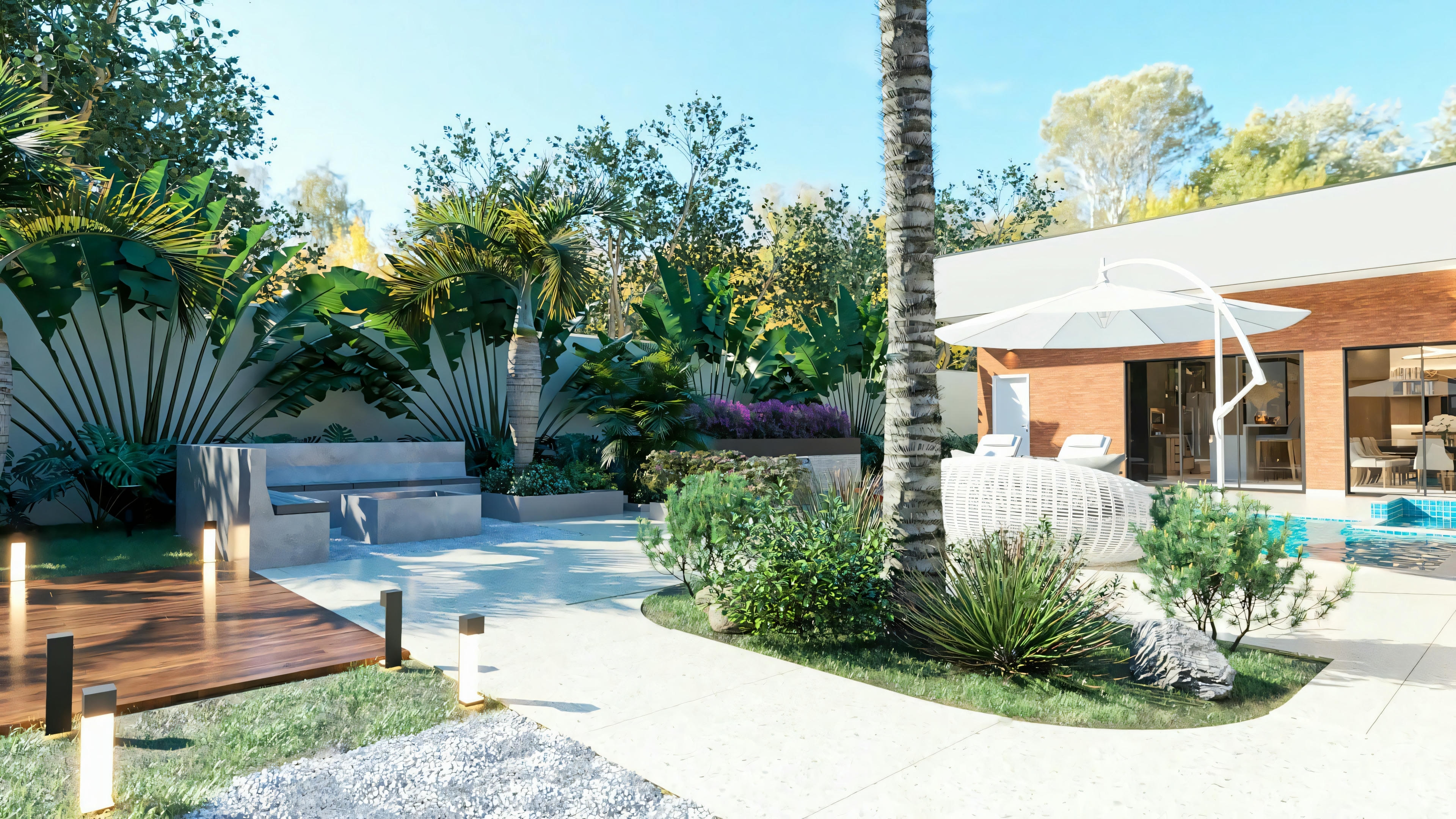 Wide view of the outdoor leisure area of the bungalow house with 3 suites, showing the pool, fire pit area, landscaping, and part of the facade. A 3-suite bungalow house project with gourmet area.