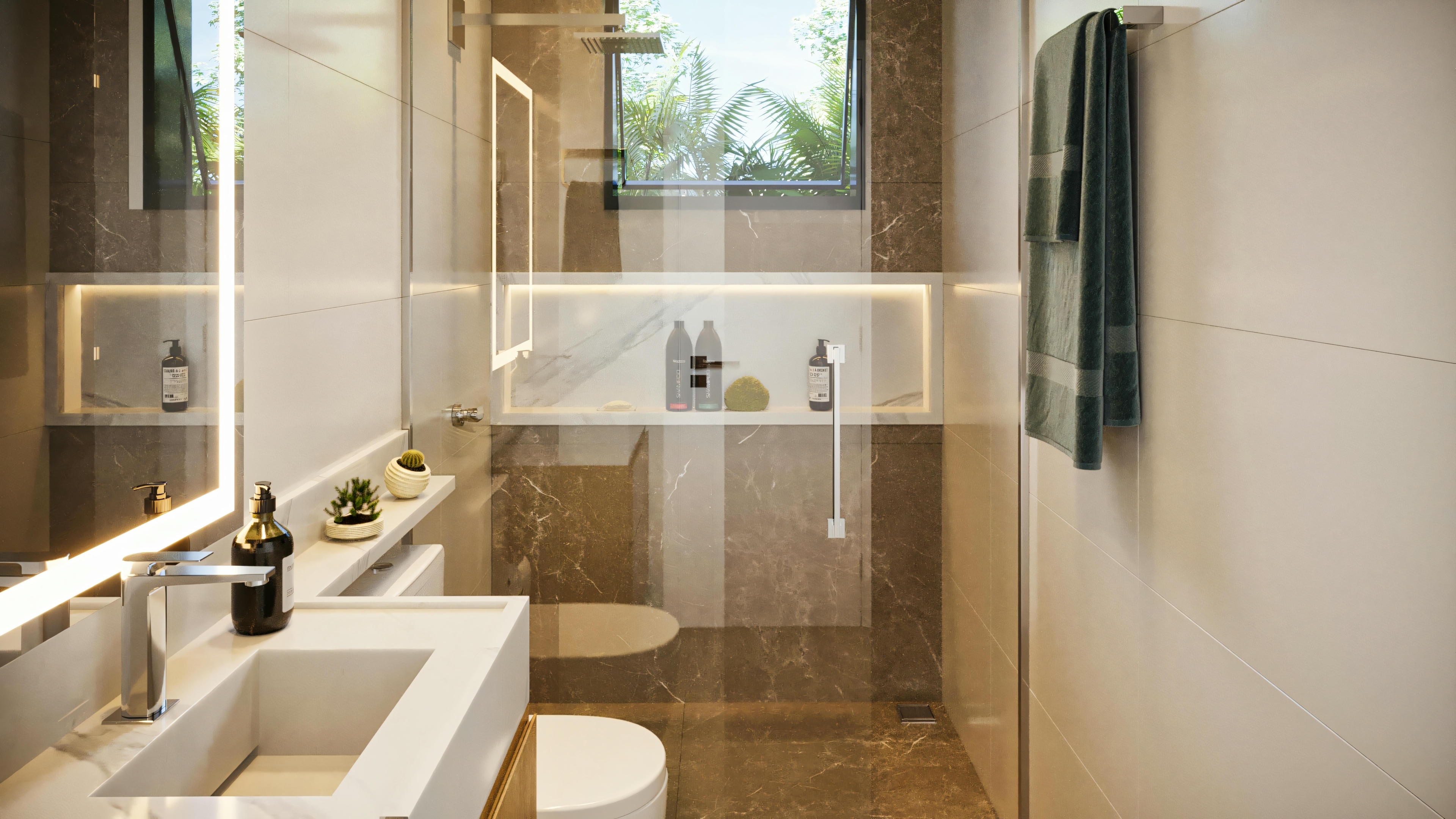 Suite bathroom in a 3-suite single-story house, highlighting marble cladding in the shower, illuminated niche, modern countertop and mirror with LED lighting.