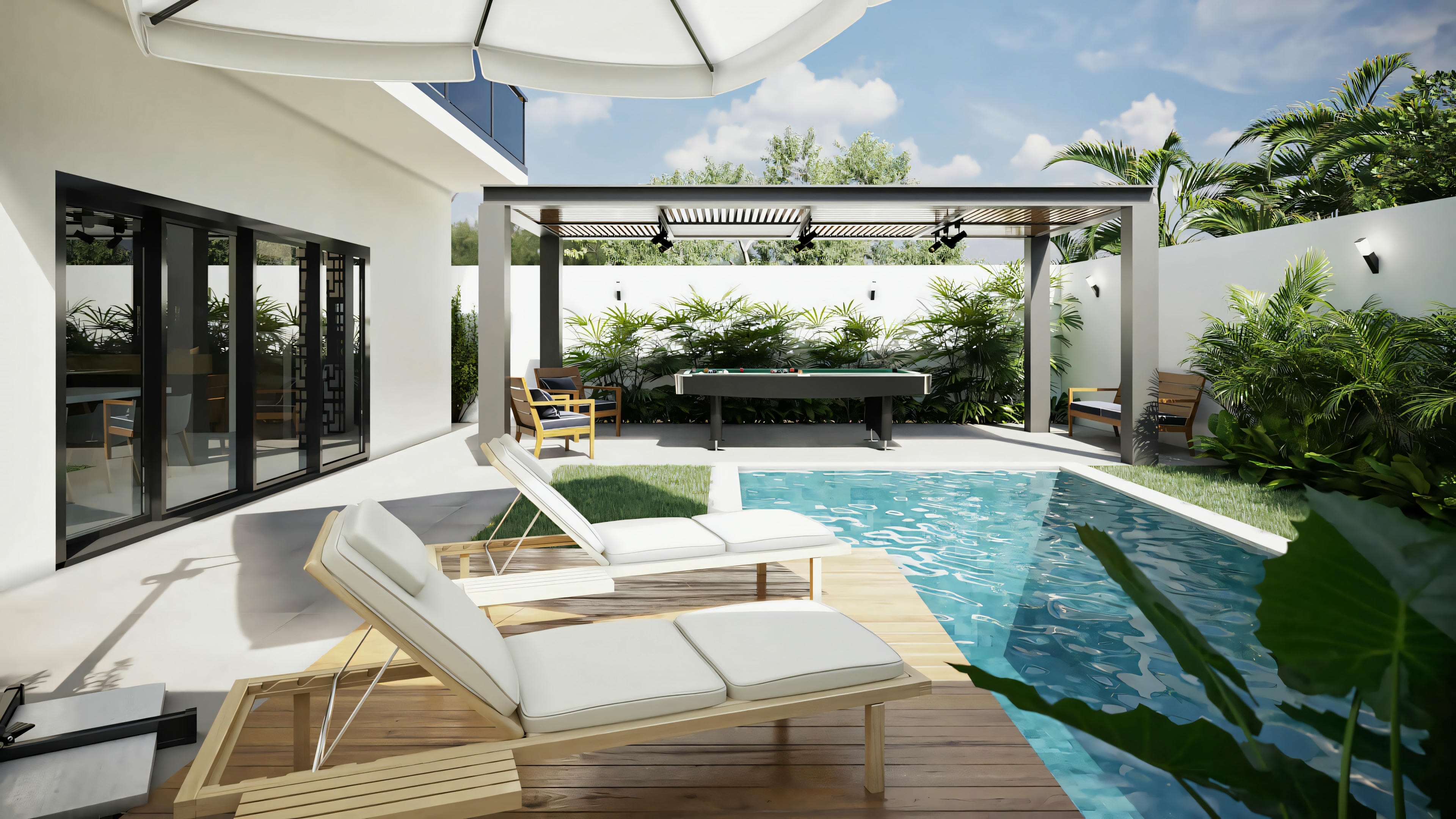 Modern garden with a pool, seating area, and lush greenery.
