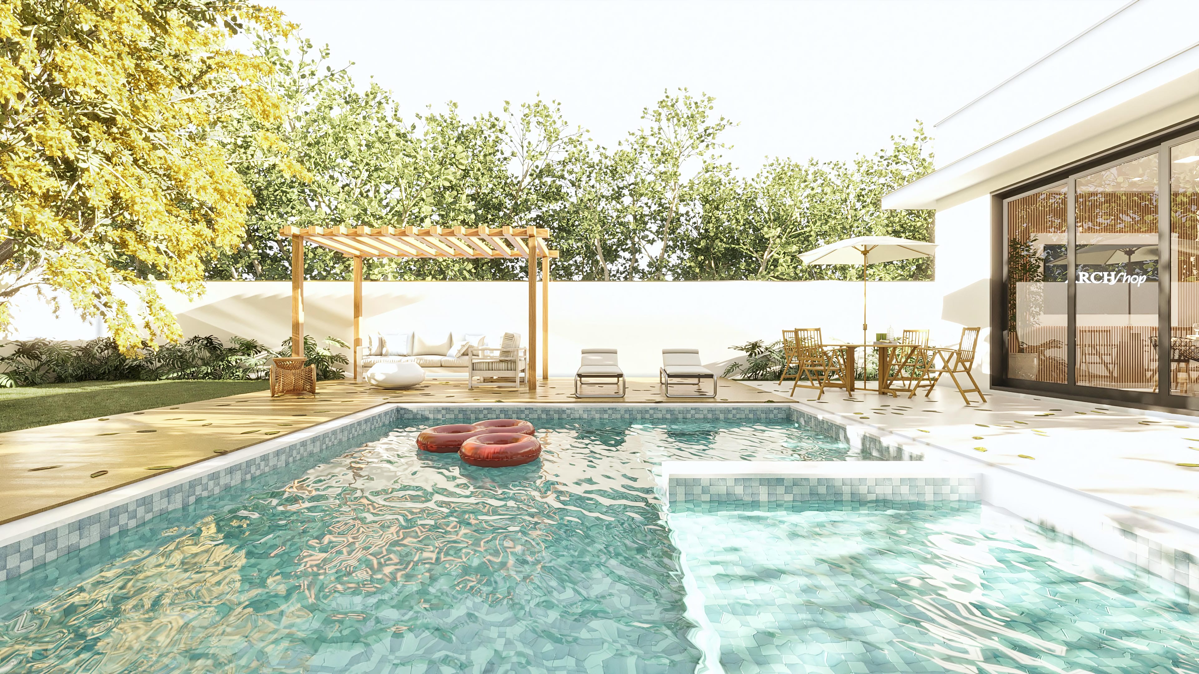 Complete leisure area with a pool in shades of blue, wooden deck, and an inviting gourmet area with a wooden pergola, sofas, and side tables.