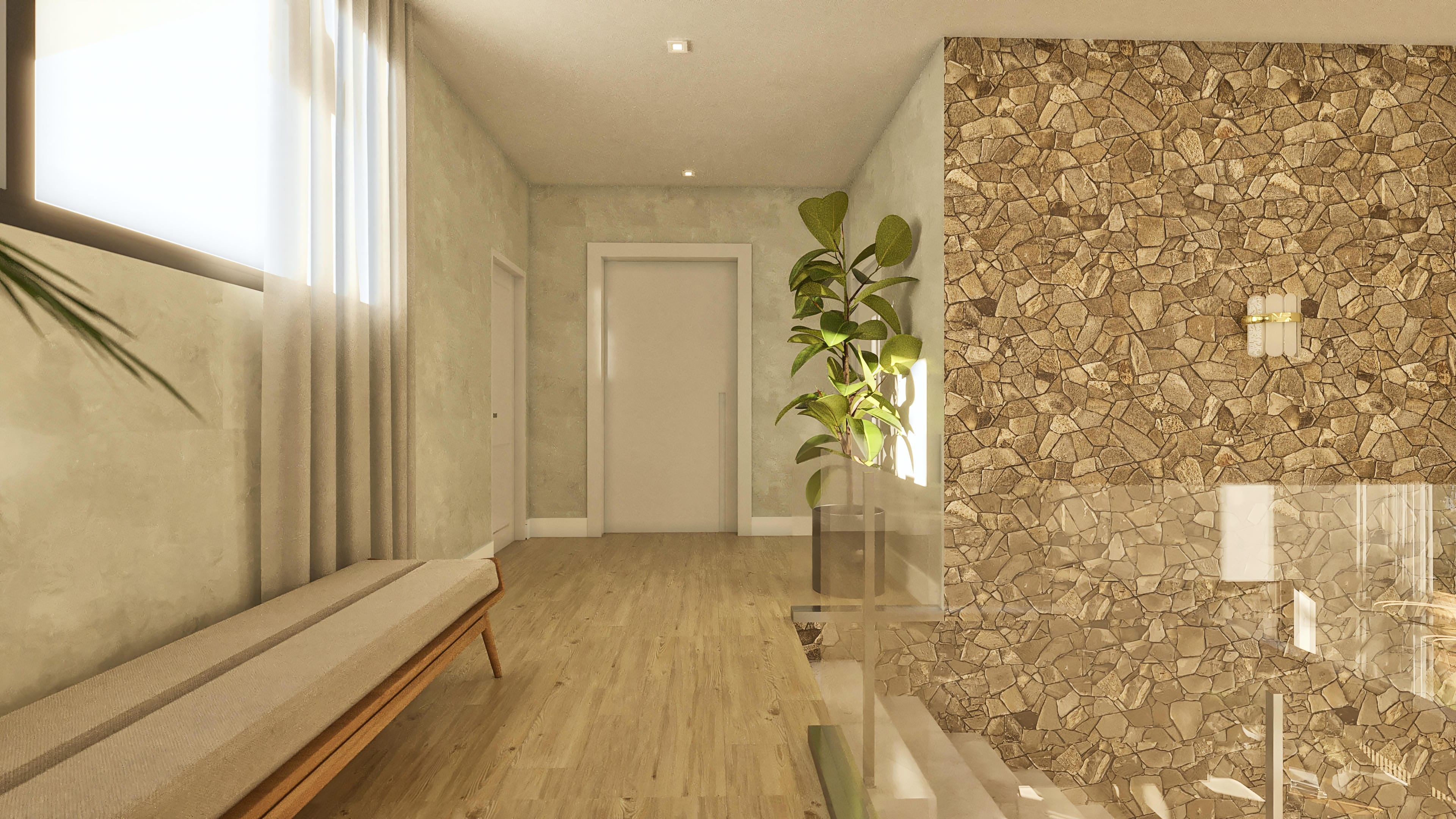 Interior de casa de dos niveles moderna con pared en piedra natural rústica, suelo de madera claro e iluminación sutil. Una planta grande añade verde al ambiente.