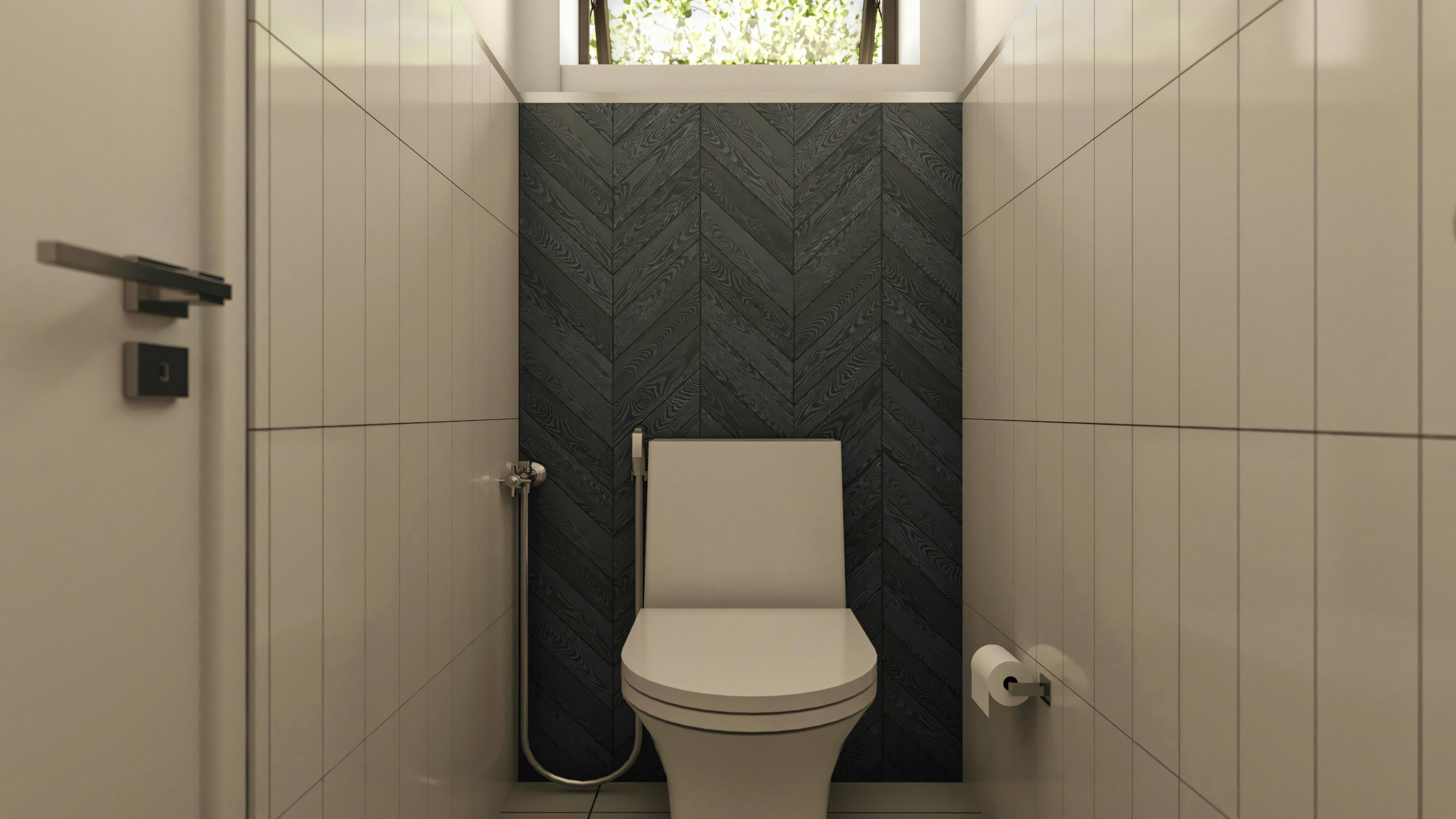 View of the toilet in the powder room of the high-standard house, highlighting the back wall with dark fishbone pattern cladding, side walls with light tiles, and tall window.