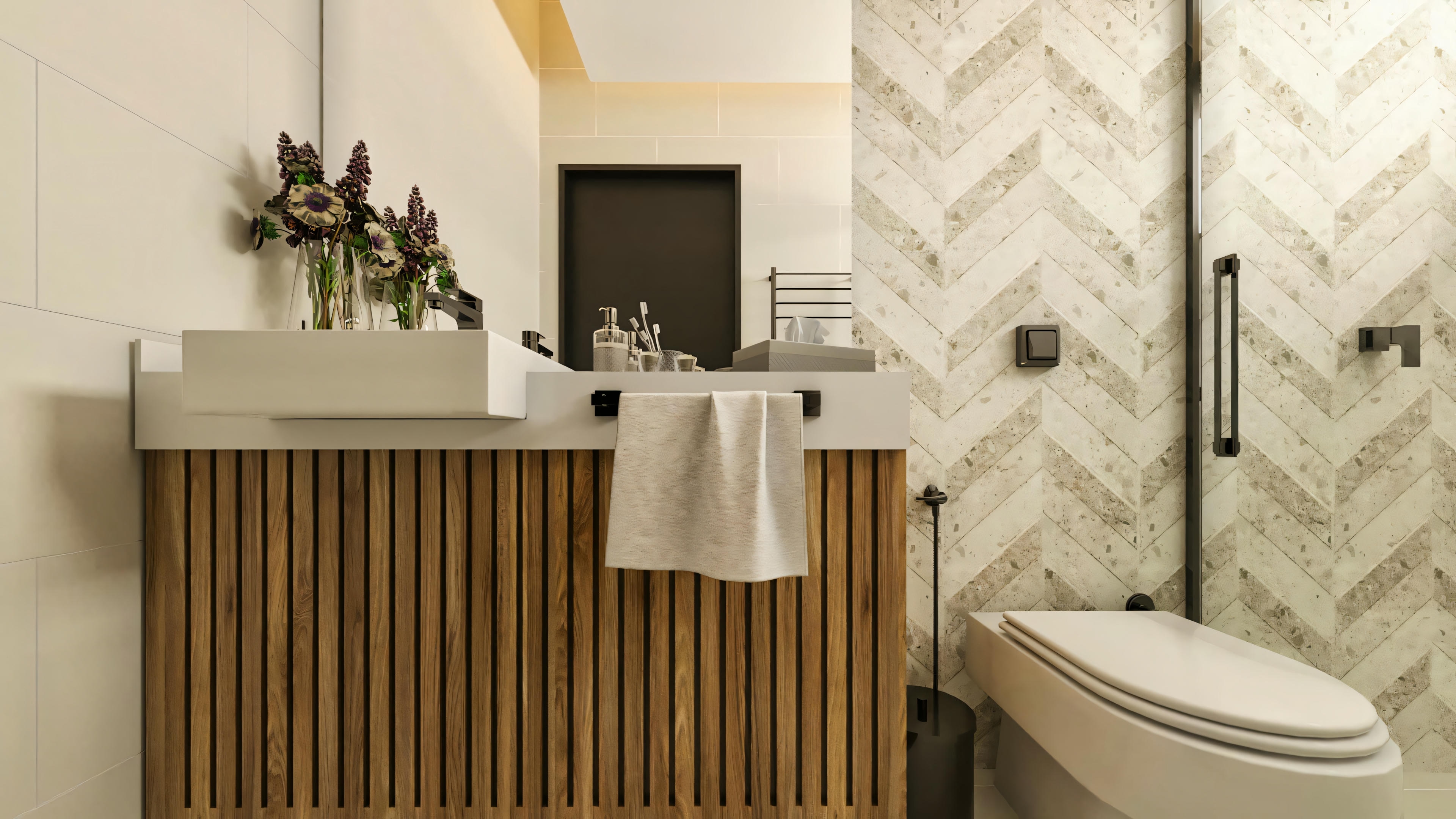 Design de banheiro em projeto de casa moderna, apresentando armário suspenso com painel ripado em madeira, bancada branca com cuba de sobrepor, parede de destaque com revestimento em padrão chevron e metais em preto. Vaso sanitário moderno. Parte do projeto de 4 suítes, com piscina e área gourmet.