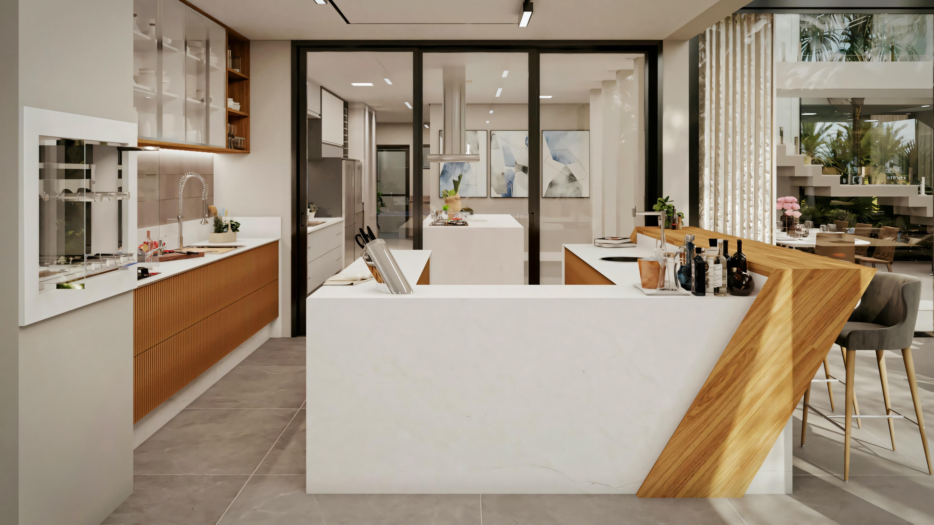 Diseño de baño en proyecto de casa moderna, presentando mueble suspendido con panel listonado de madera, encimera blanca con lavabo sobrepuesto, pared de destaque con revestimiento en patrón chevron y grifería en negro. Váter moderno. Parte del proyecto de 4 suites, con piscina y área gourmet.