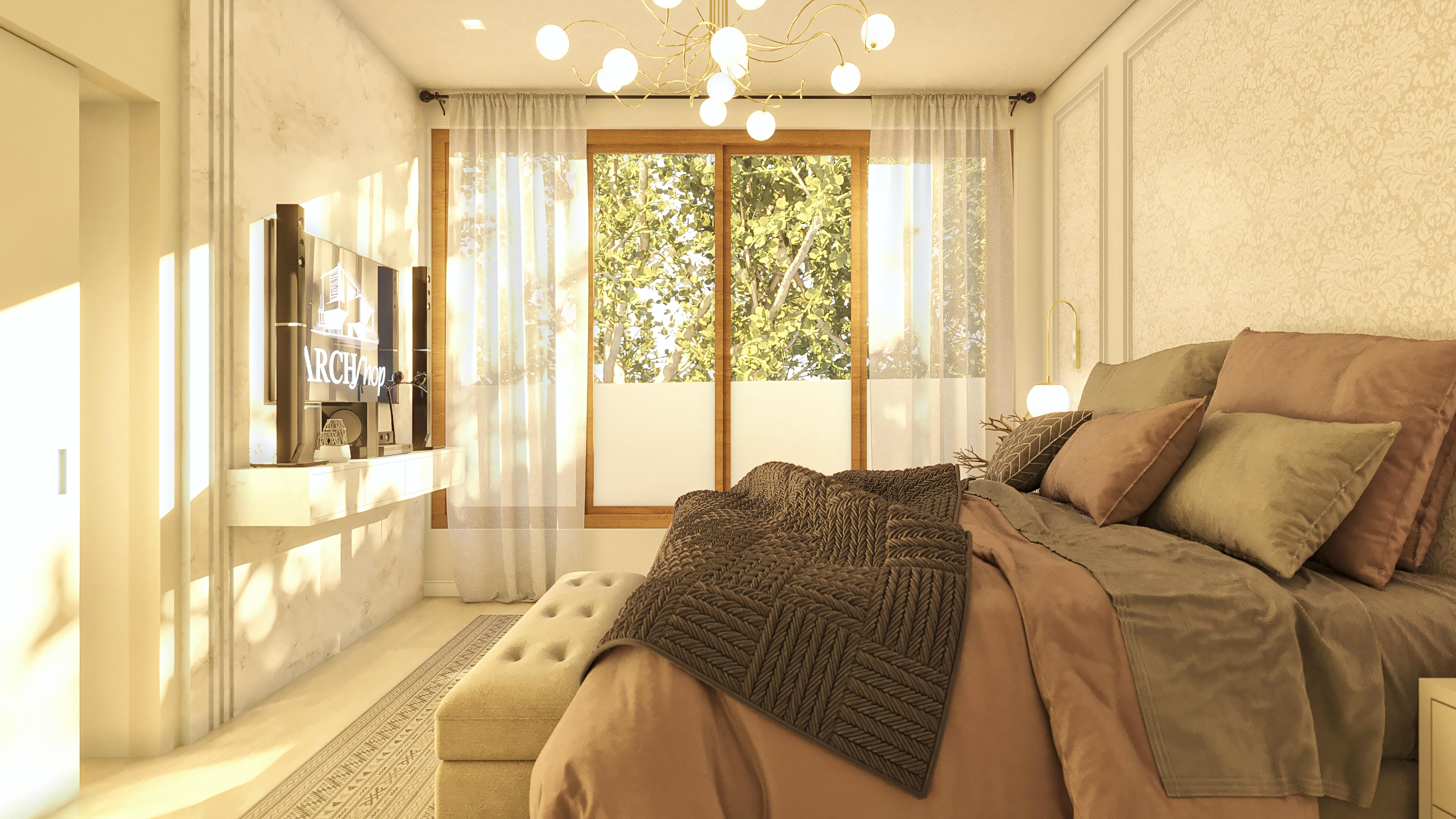 Interior de habitación con iluminación natural, pared texturizada en mármol, cama cómoda con sábanas en tonos tierra y manta texturizada, además de una ventana amplia con vista a la vegetación.