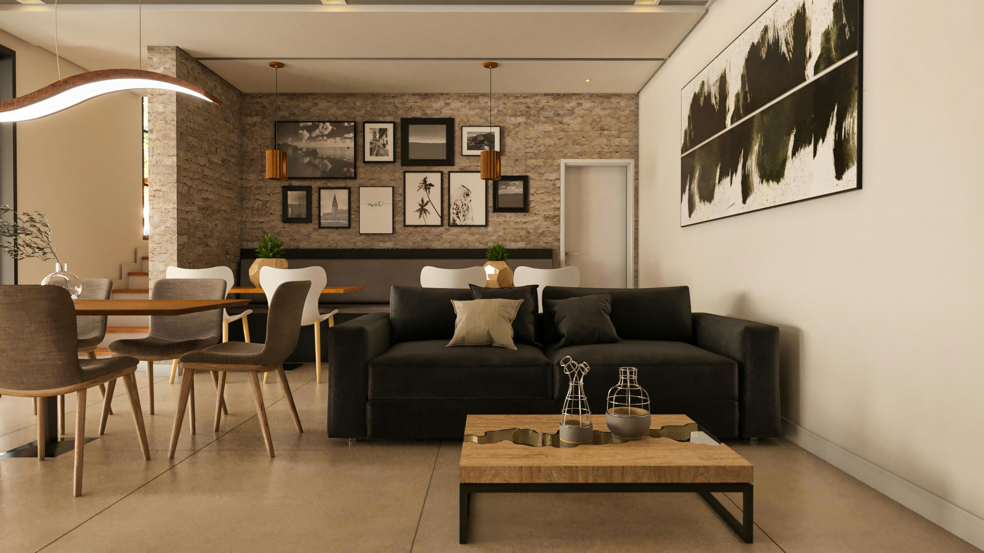 Vista da sala de estar e jantar integradas em um projeto de casa moderna com 4 suítes, piscina e área gourmet. O ambiente apresenta sofá escuro, mesa de centro em madeira, e ao fundo, a sala de jantar com parede de pedra e iluminação contemporânea, parte de um modelo de casa de 394.84m² em terreno 20x25.