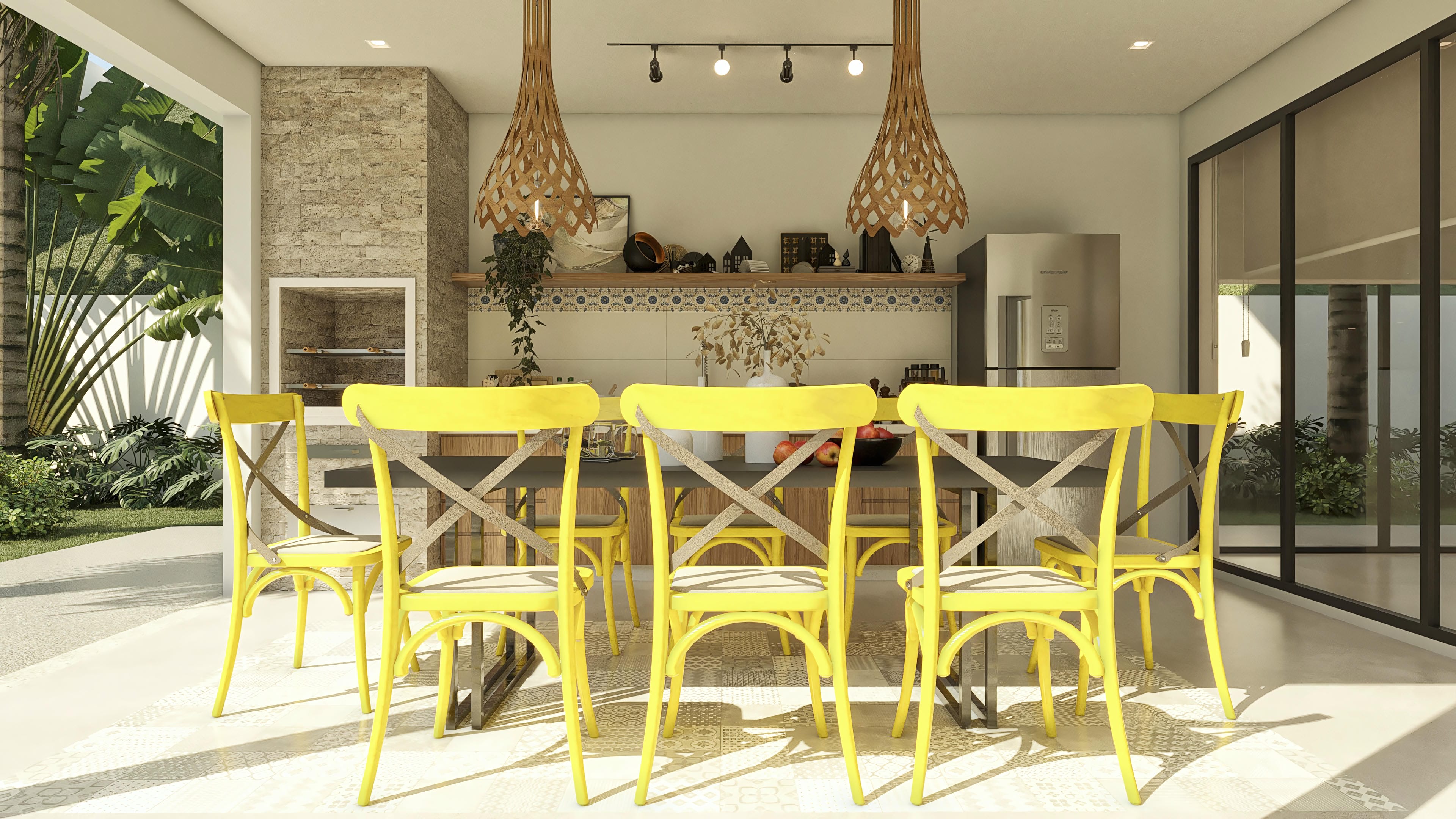 Área gourmet con sillas amarillas vibrantes, mesa de comedor, barbacoa y paisajismo tropical.