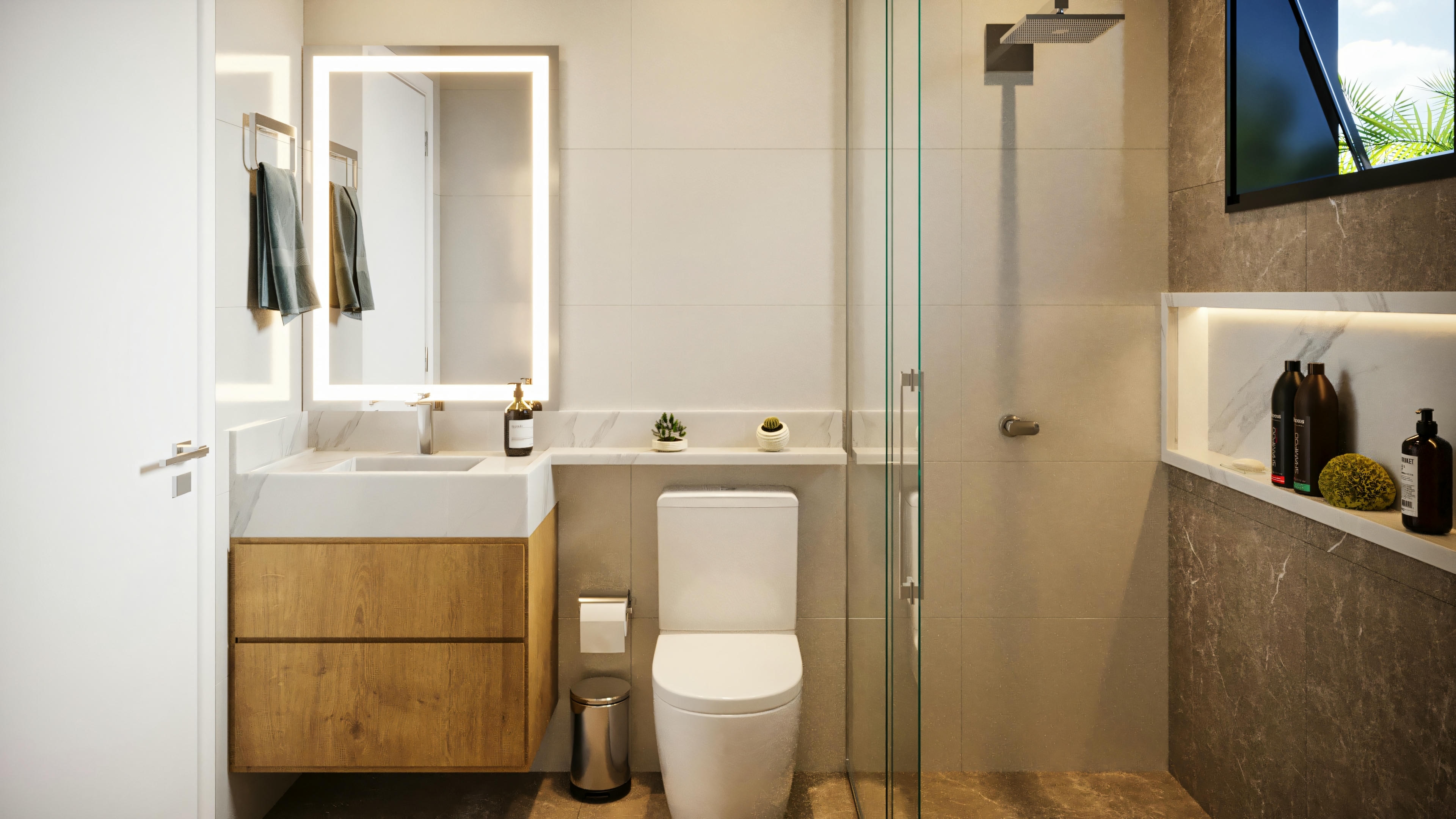 Banheiro de uma das 3 suítes em casa térrea, com bancada em pedra clara, armário em madeira, espelho iluminado, box com nicho e revestimentos modernos, em projeto com piscina e área gourmet.