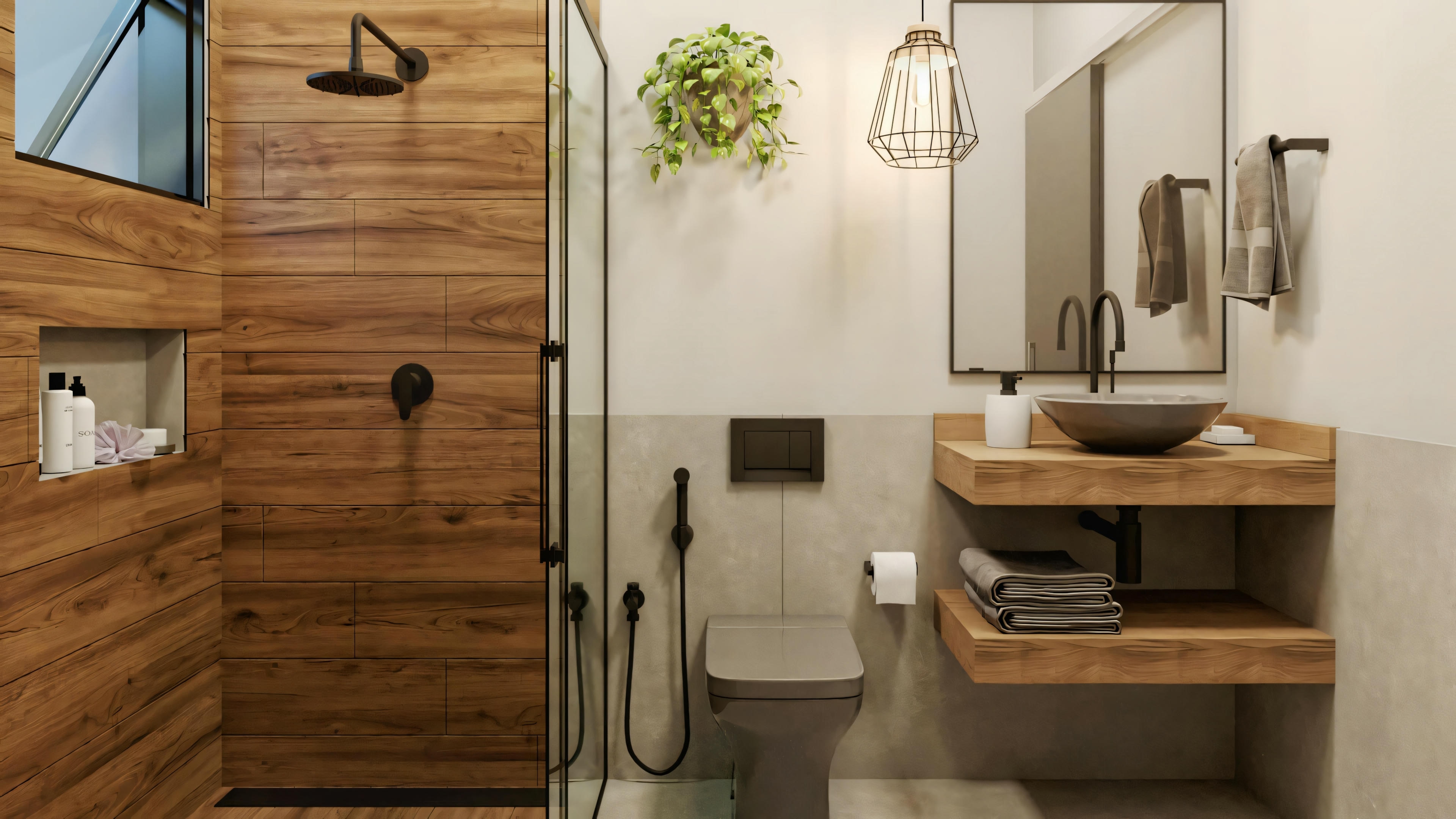 Un baño moderno con elementos de madera, mampara de cristal y accesorios contemporáneos.
