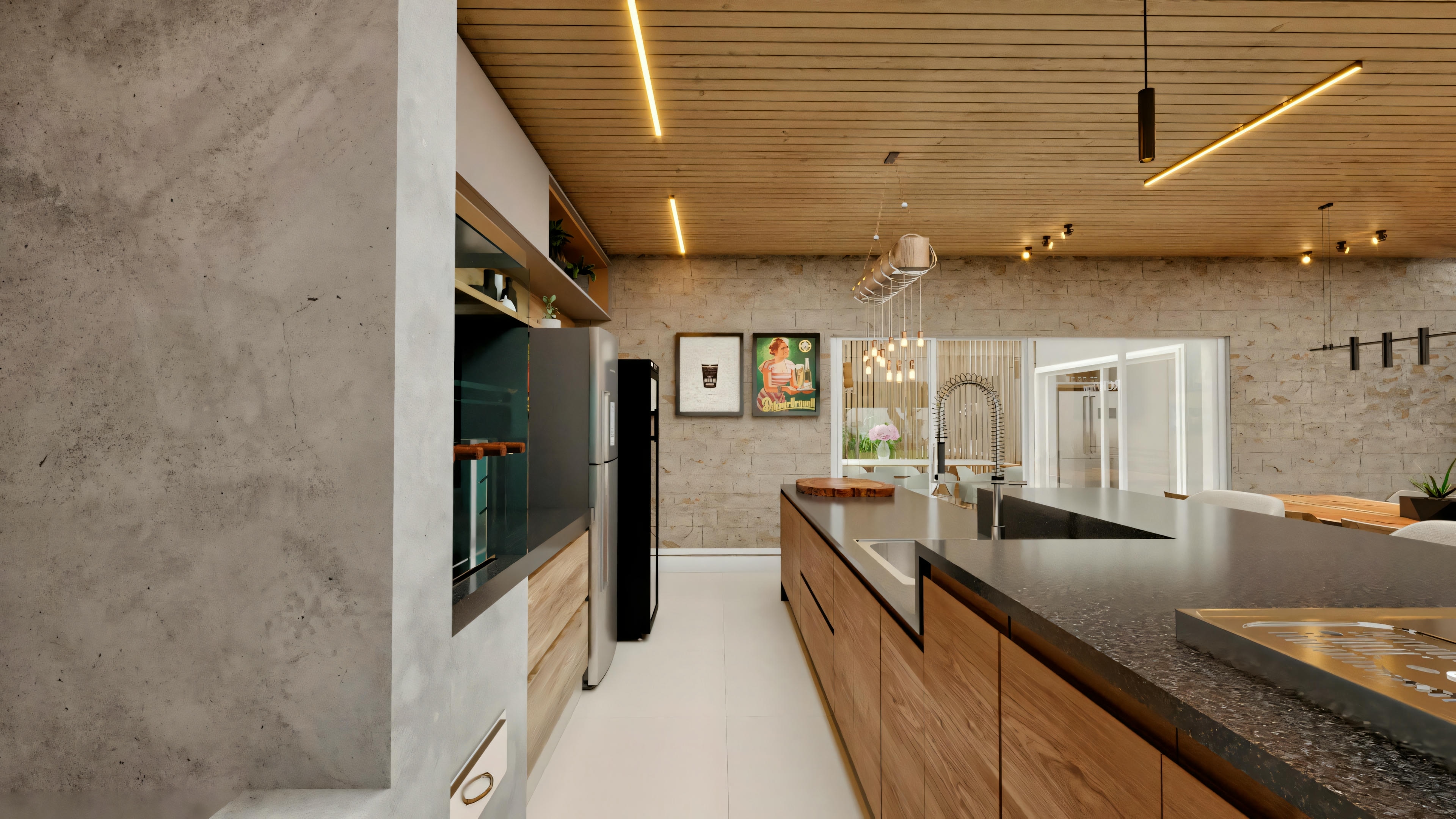 Cocina gourmet moderna con isla central alargada, encimera oscura, armarios y revestimiento de techo en madera con iluminación LED, integrada a un proyecto de casa neoclásica de 416.97m².
