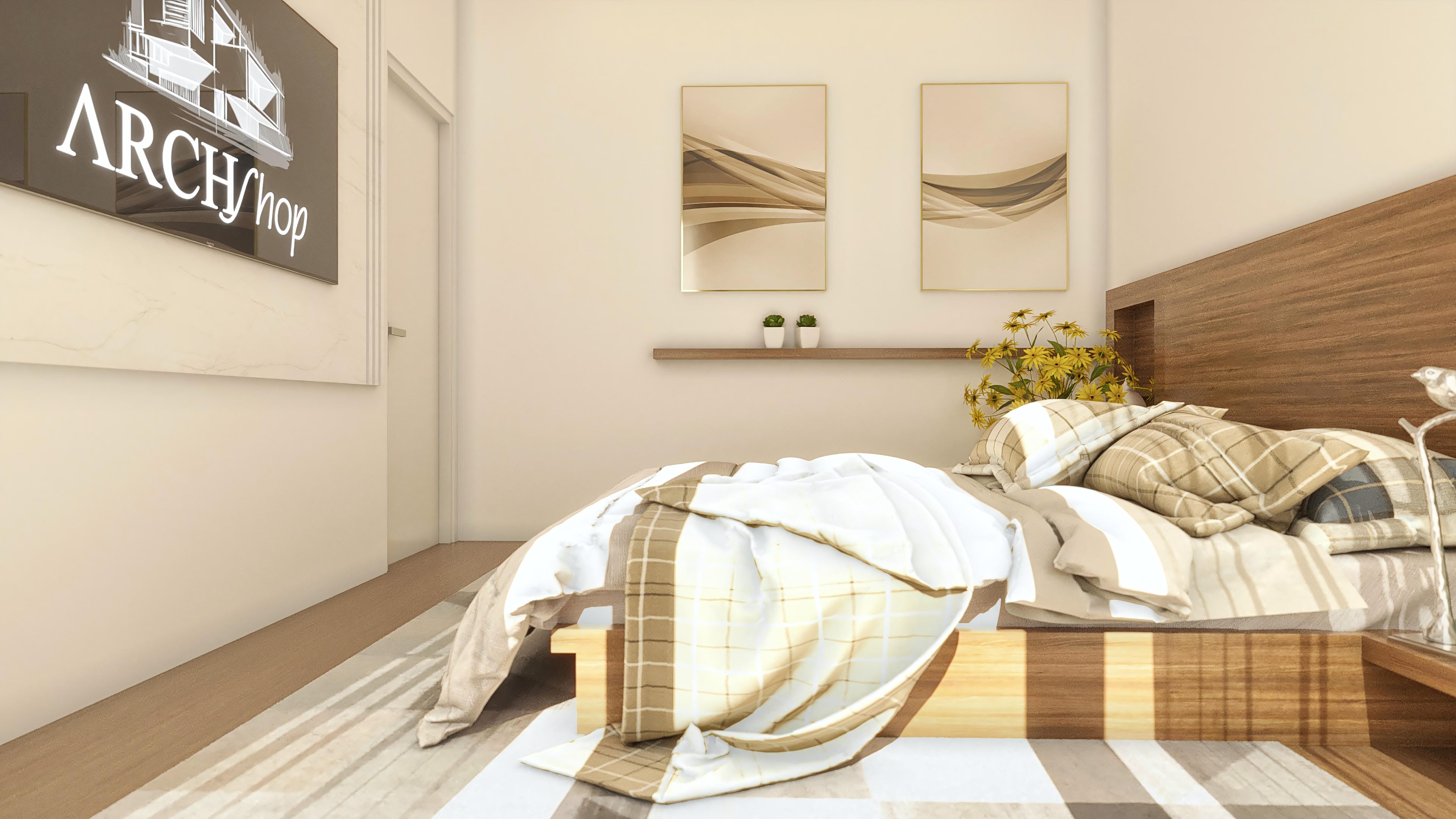 Interior de quarto com cama confortável, colchas em tons neutros, quadros decorativos na parede e iluminação suave, remetendo a um projeto neoclássico de alto padrão.
