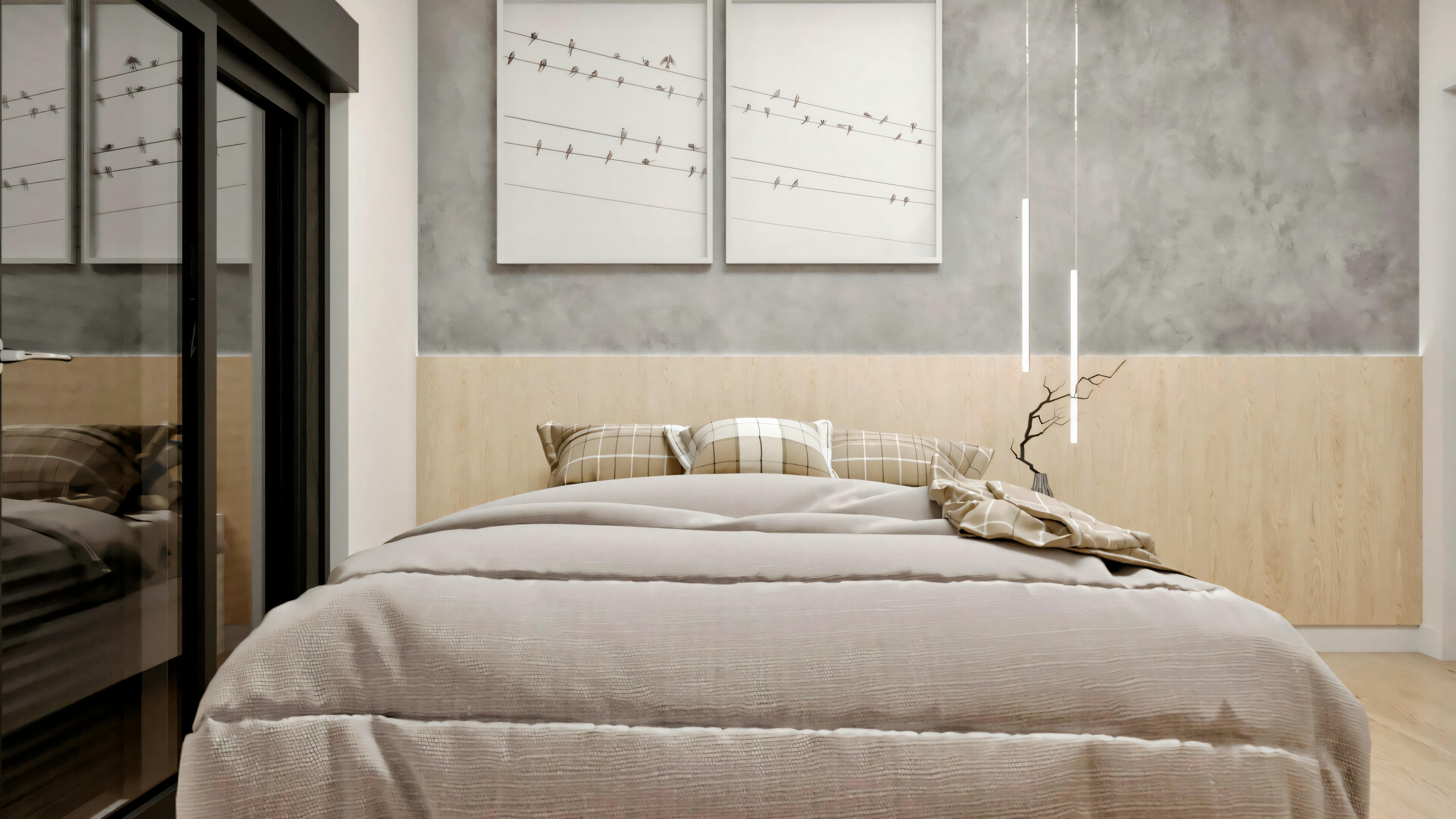 Bedroom of one of the 5 suites in the ready-made project, showing a double bed with a brown comforter, wooden panel headboard, textured cement-finish accent wall, and modern pendant lighting.