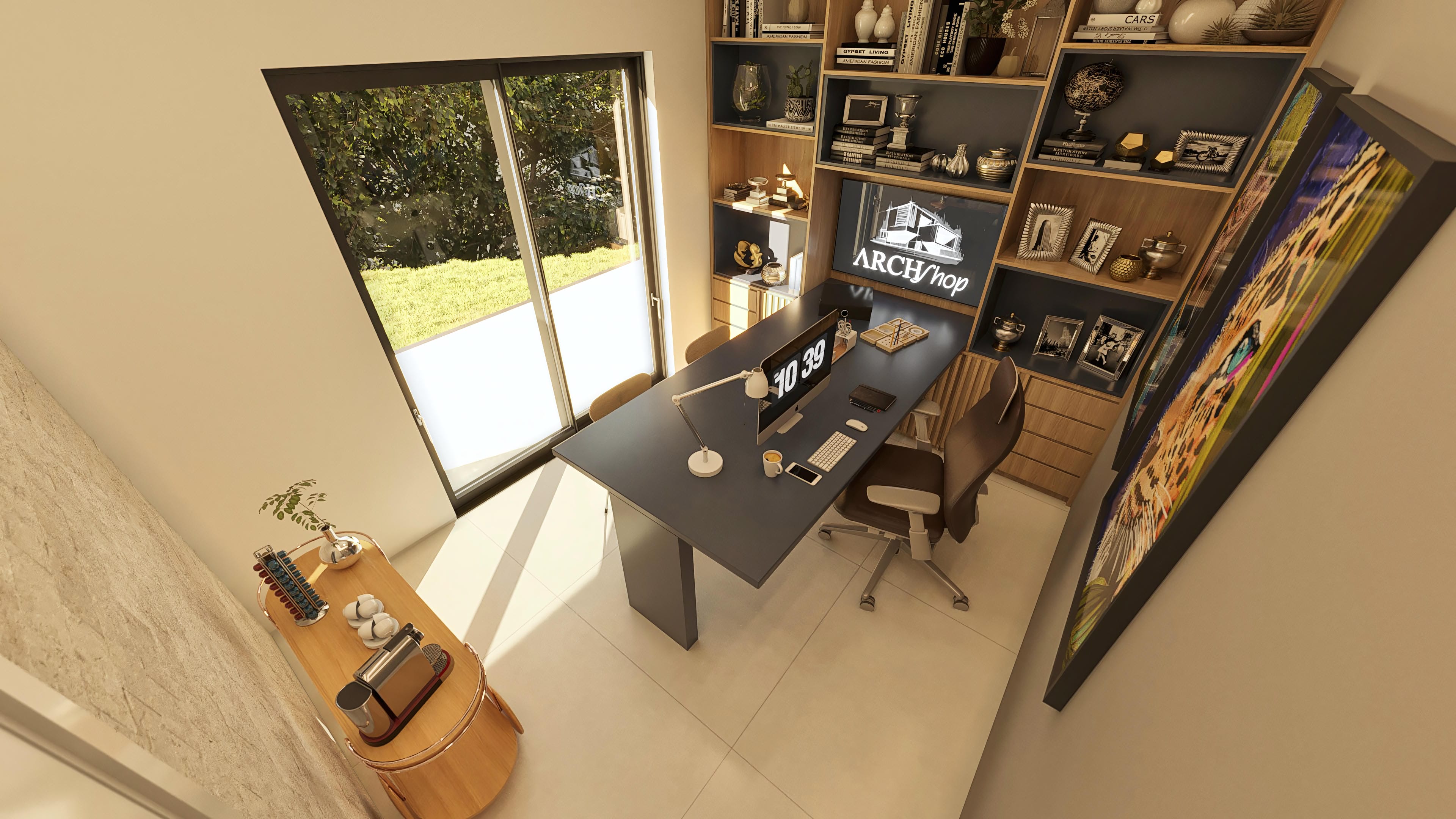 Ambiente de escritório com mesa escura, cadeira ergonômica, estante de madeira e uma ampla janela com vista para área externa gramada e arborizada.