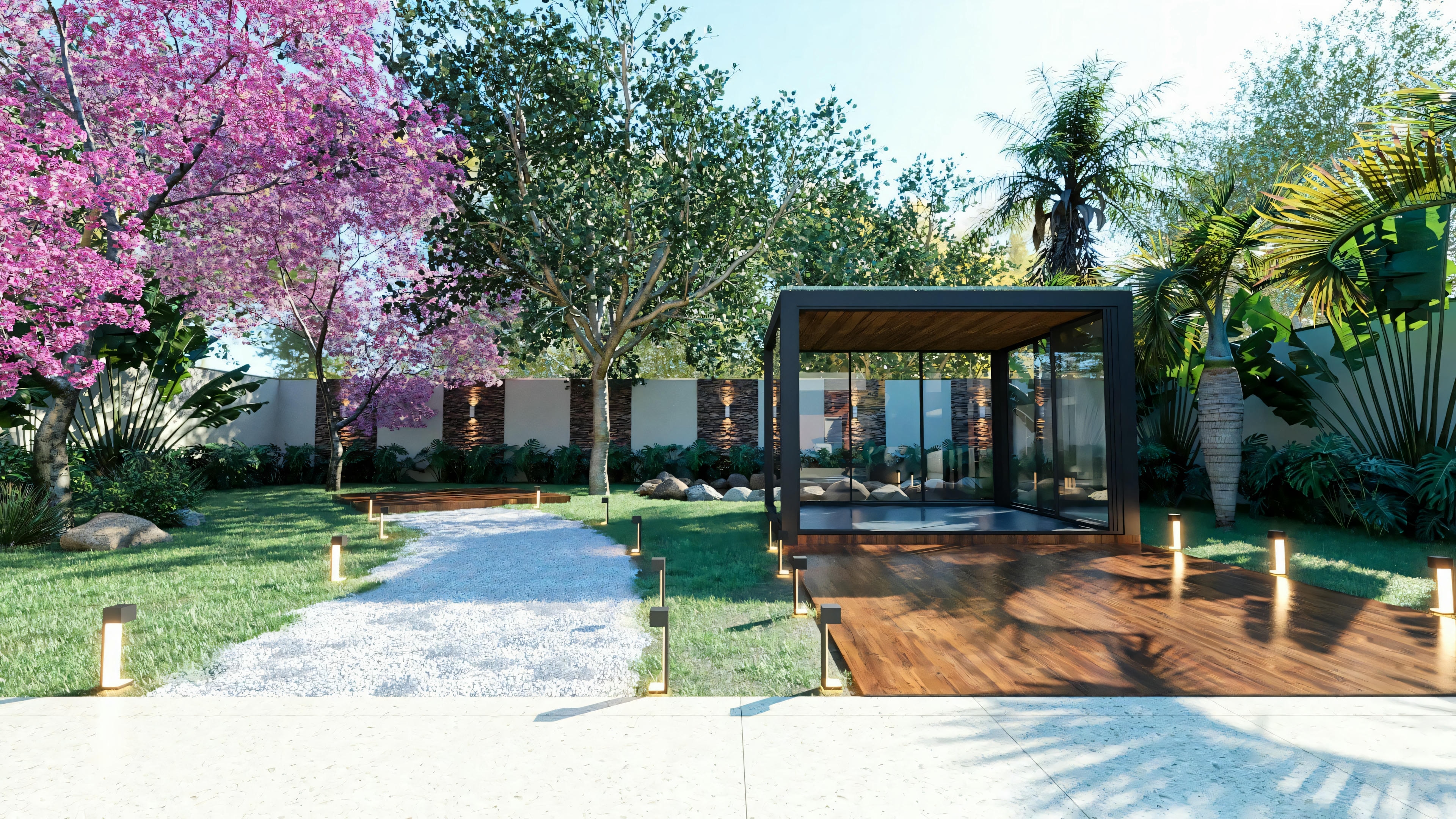 Landscaping of the garden with an illuminated path, lawn, trees, and the glazed gourmet space in the background, part of the bungalow house project with 3 suites.