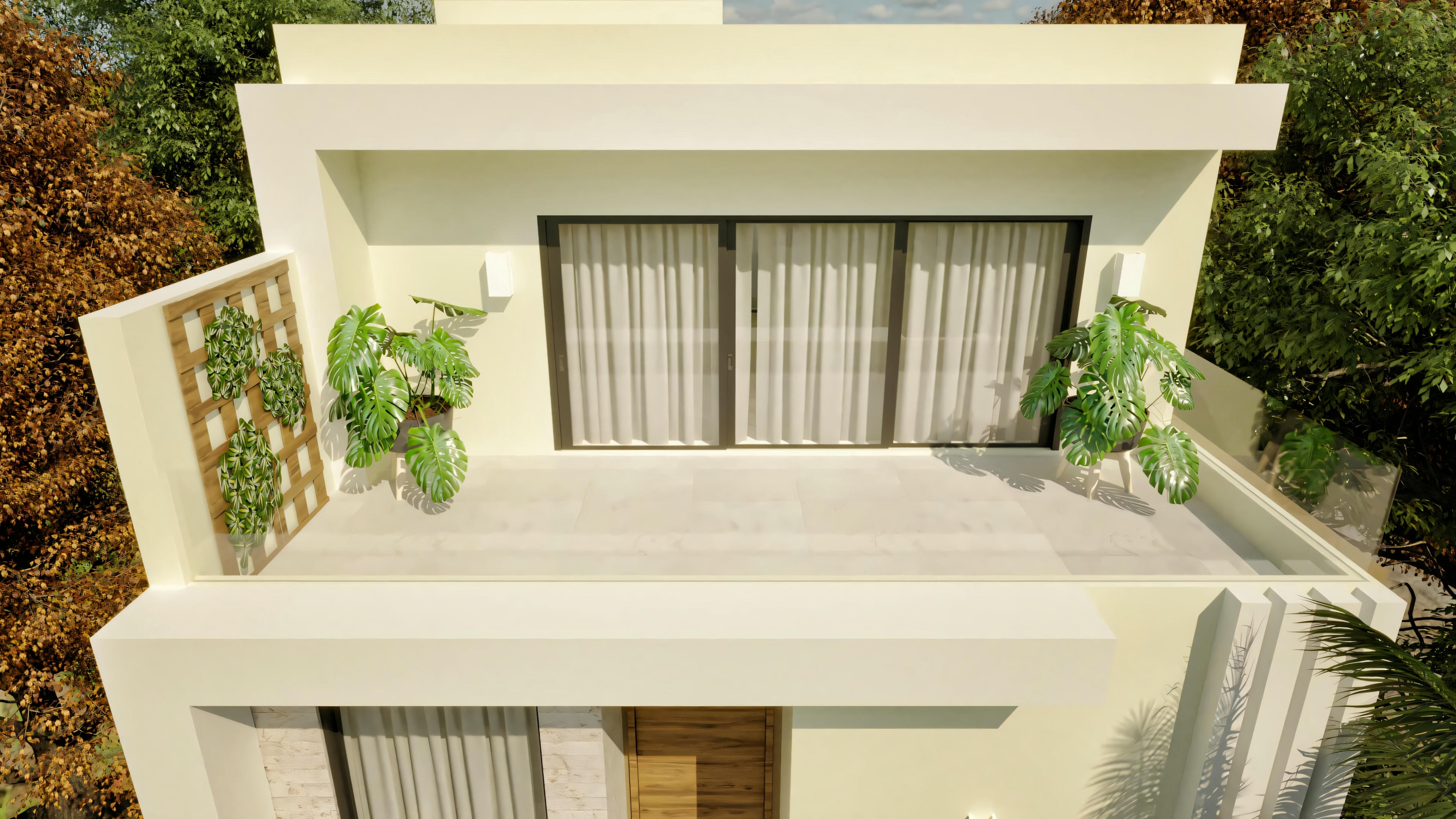 Facade of a modern building com clean lines, large windows, e surrounding plants.