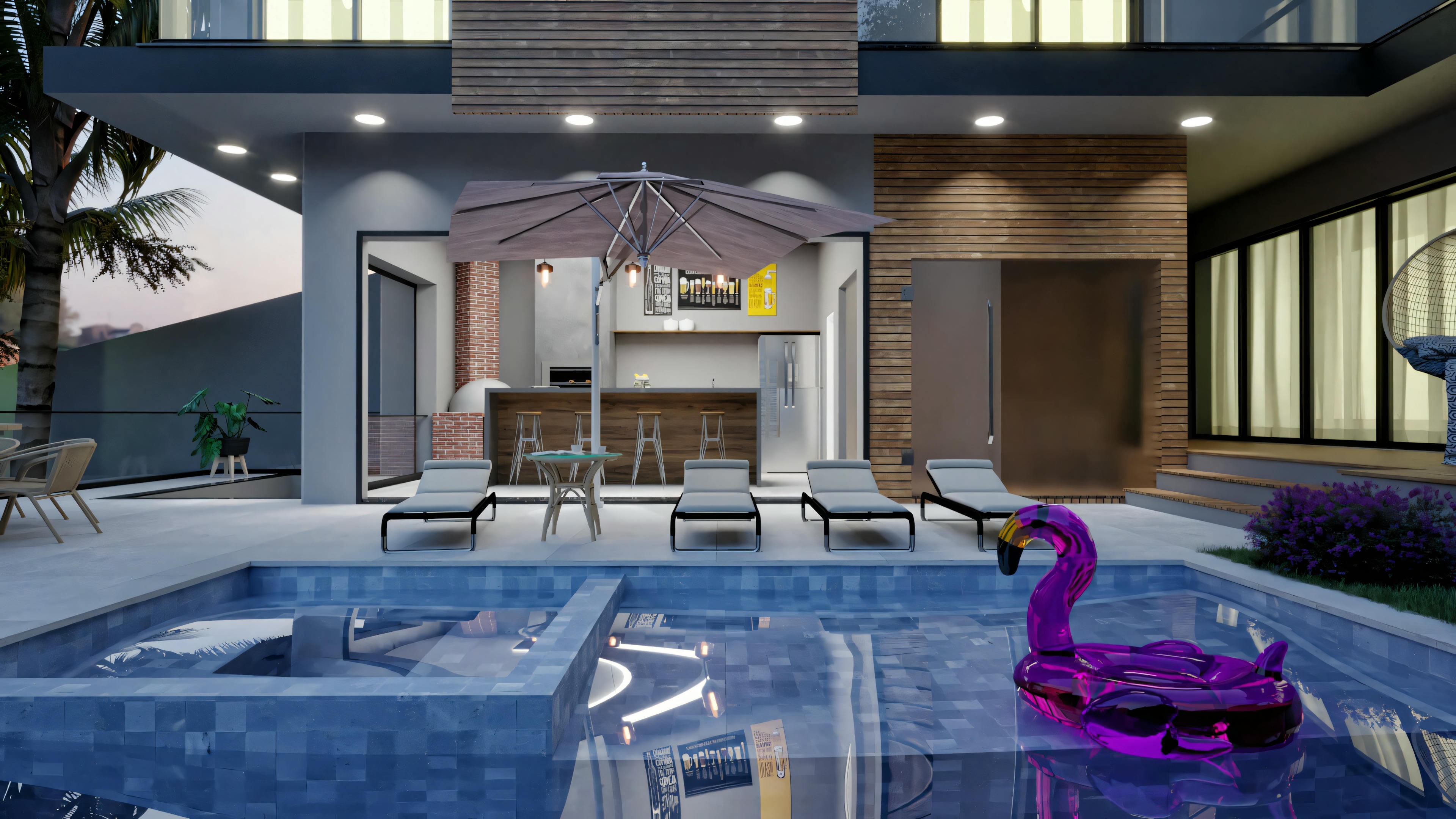 Night view of the gourmet area equipped with a brick barbecue, pizza oven, and countertop, next to the pool with blue cladding, in a modern 4-suite, 316.98m² house built on a 17x27 plot.