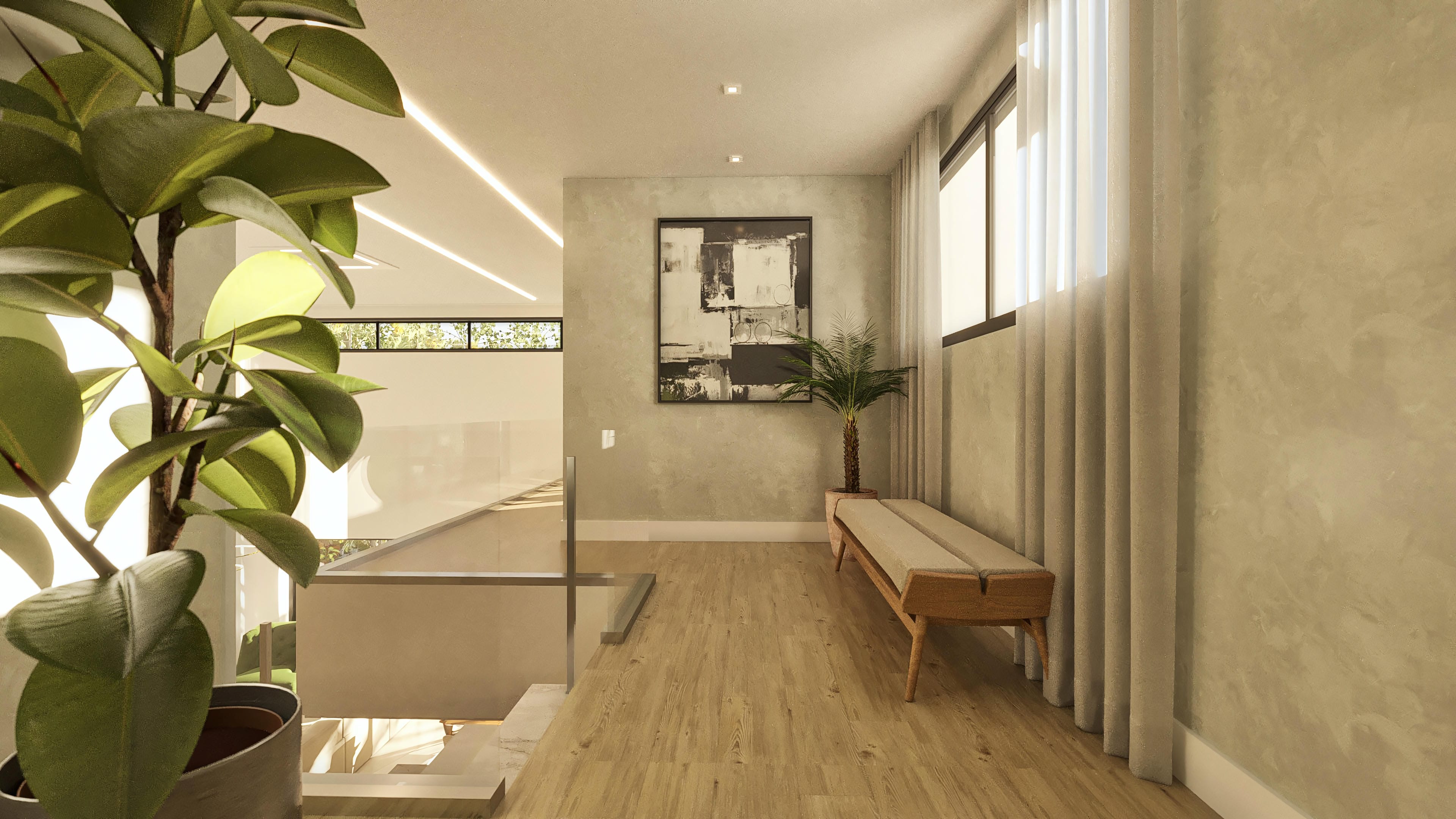Interior of a modern house with a light wood floor, walls with burnished concrete texture, and recessed LED lighting in the ceiling.