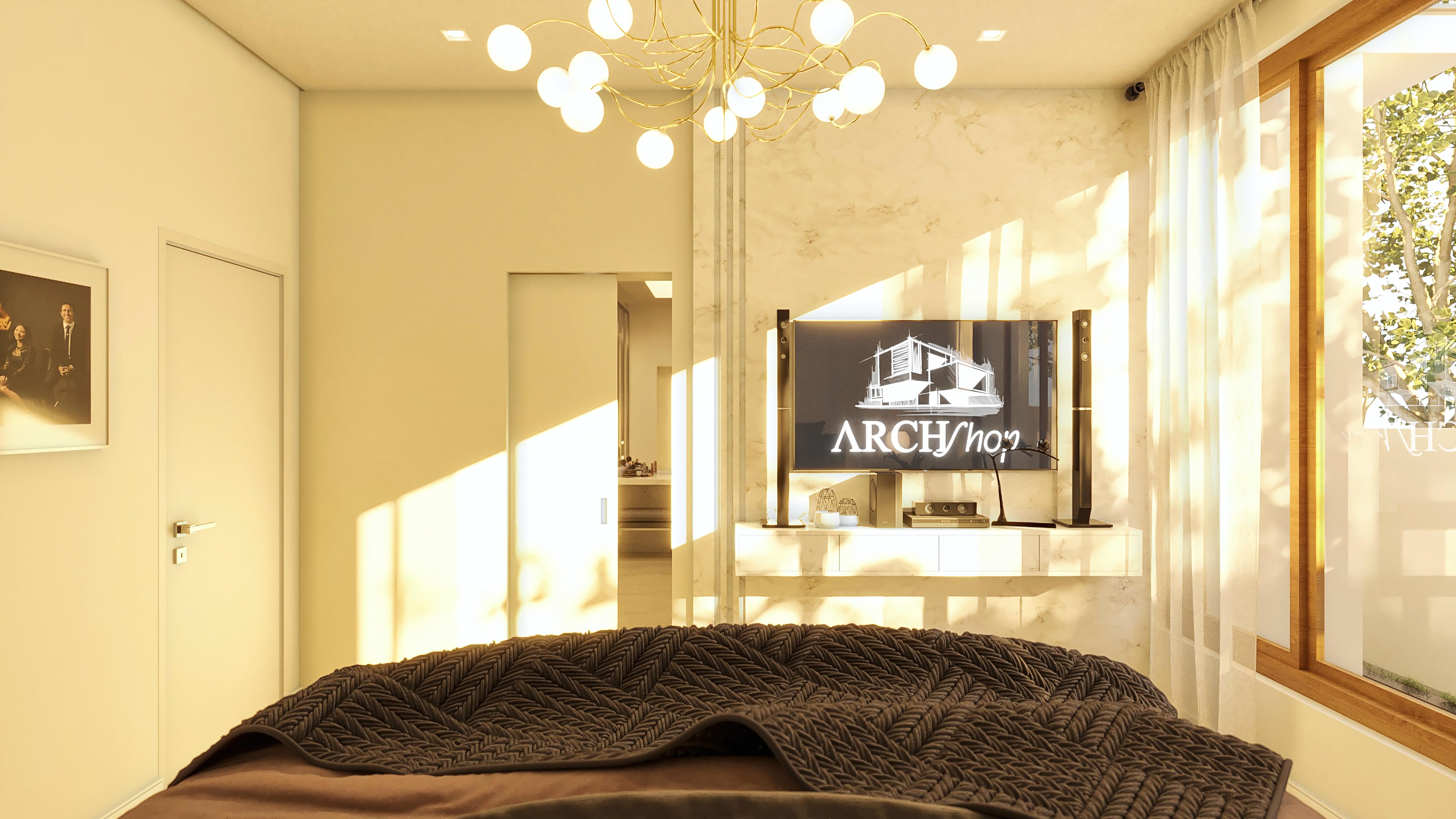 Detail of a living room with a modern textured marble fireplace, suspended flat-screen TV, and indirect lighting, combining with a cozy sofa and designer rug.