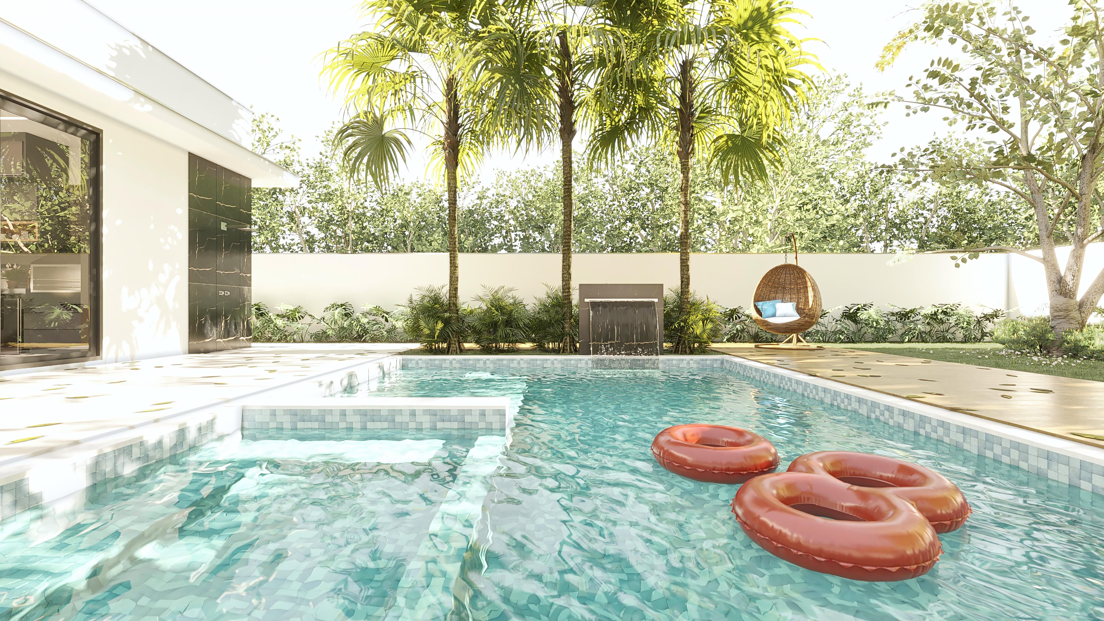 External view of a modern single-story house with an inviting pool, integrated gourmet area, and lush landscaping, ideal for leisure and comfort.