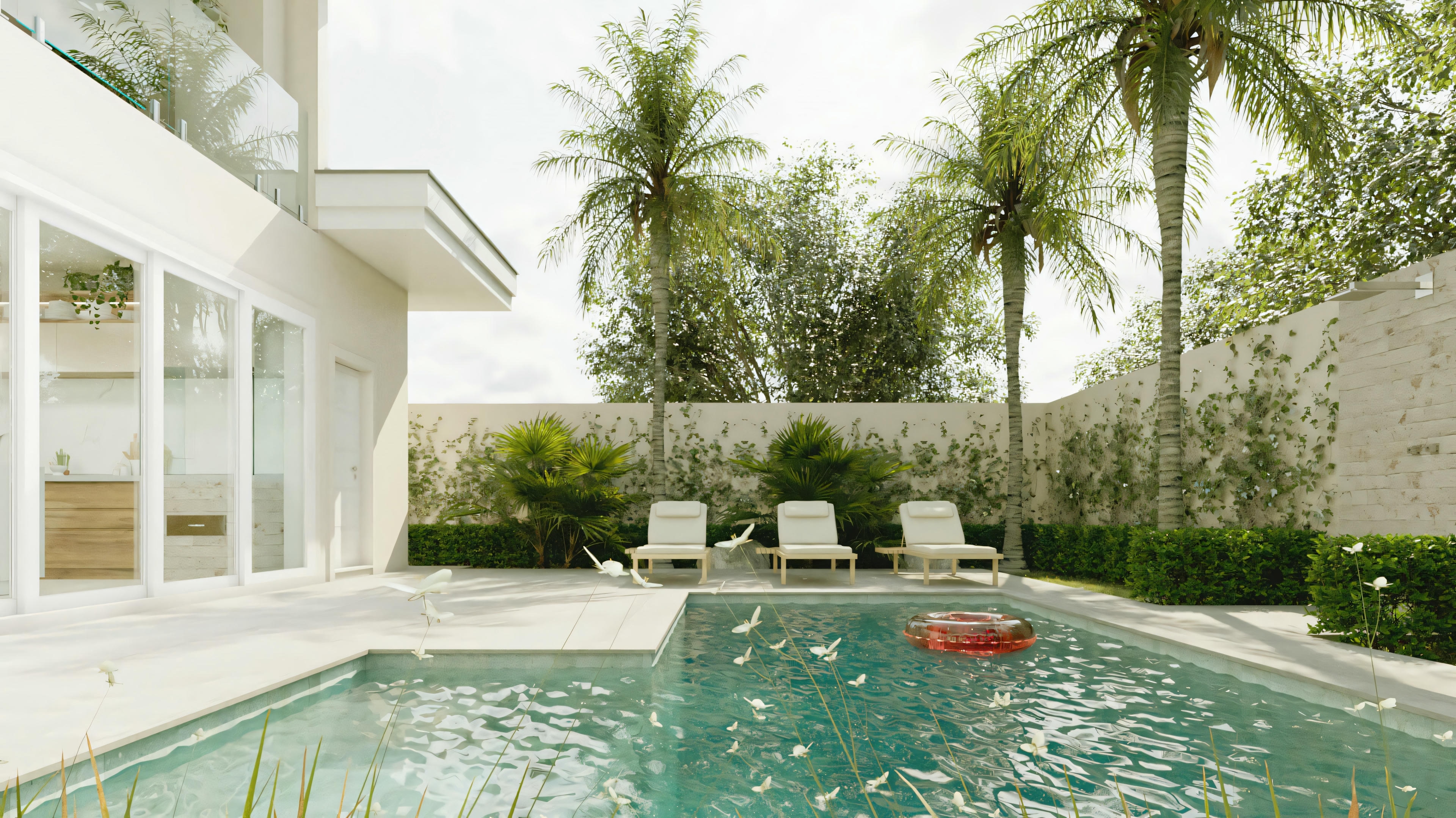 Vista de la piscina con enfoque en el agua y la vegetación adyacente.