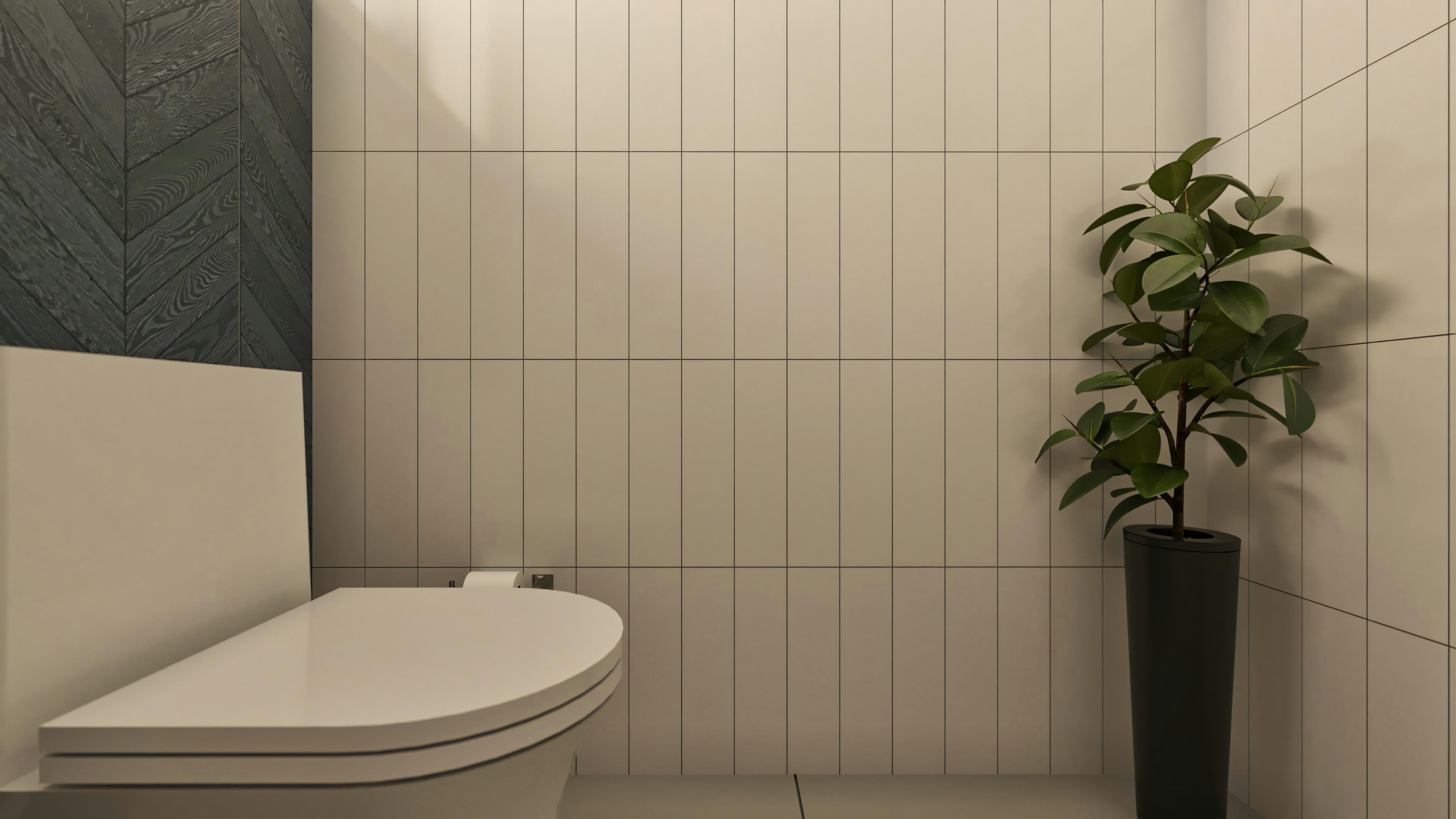 Angle of the powder room in the high-standard house, displaying the toilet, light vertical side wall cladding contrasting with the dark back wall, and a decorative potted plant.