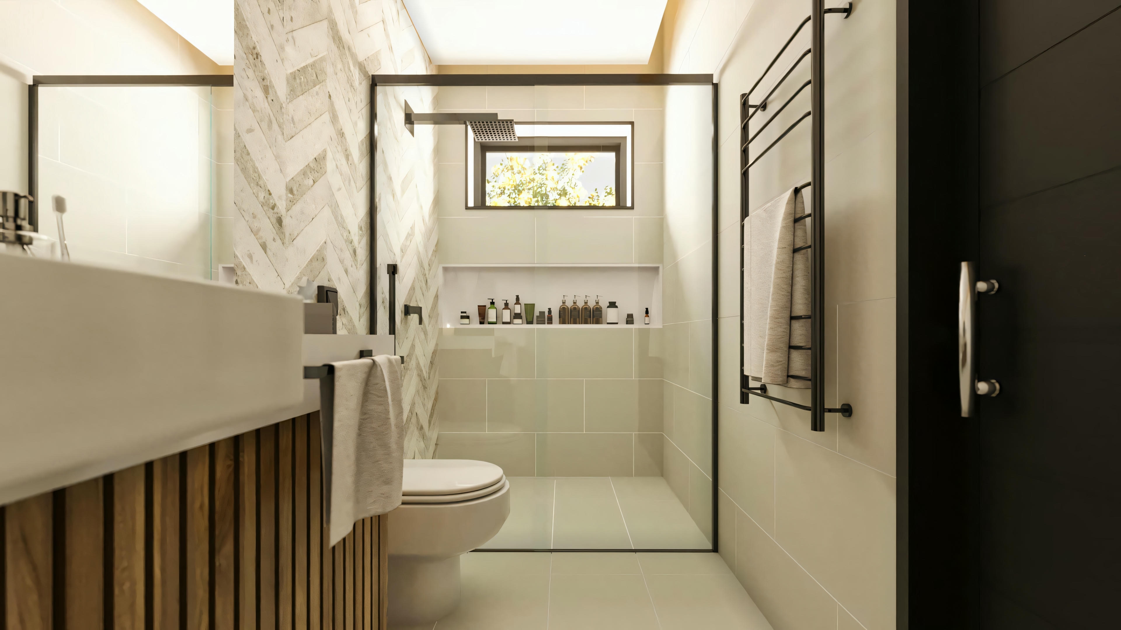 Detalle del baño en proyecto de casa moderna, mostrando ducha con revestimiento chevron, nicho, ventana, y grifería negra (ducha, perfilería). Toallero eléctrico negro y puerta oscura visibles. Parte de las 4 suites del proyecto con piscina y área gourmet en terreno 20x35.