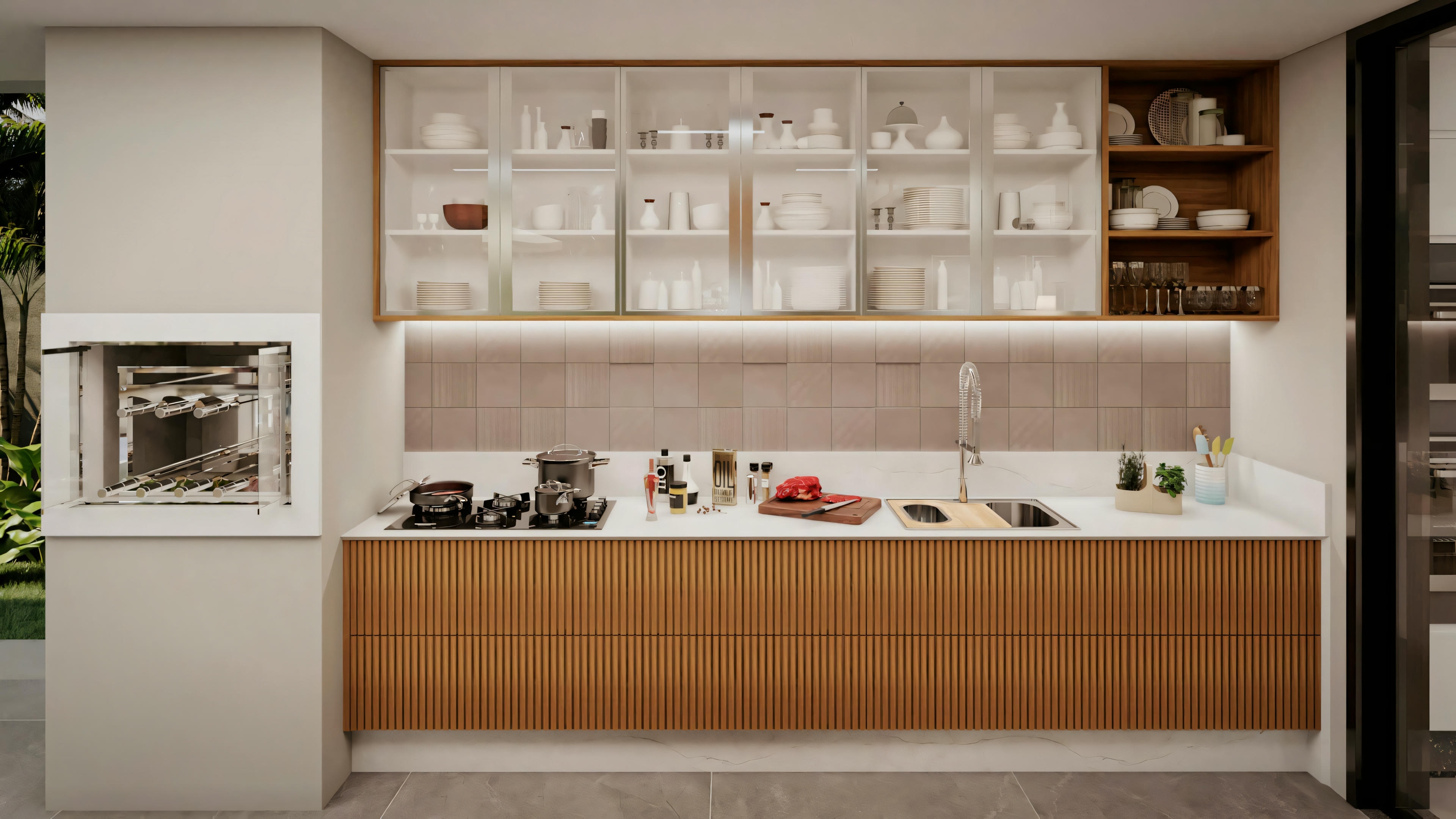 Detalle del baño en proyecto de casa moderna, mostrando ducha con revestimiento chevron, nicho, ventana, y grifería negra (ducha, perfilería). Toallero eléctrico negro y puerta oscura visibles. Parte de las 4 suites del proyecto con piscina y área gourmet en terreno 20x35.