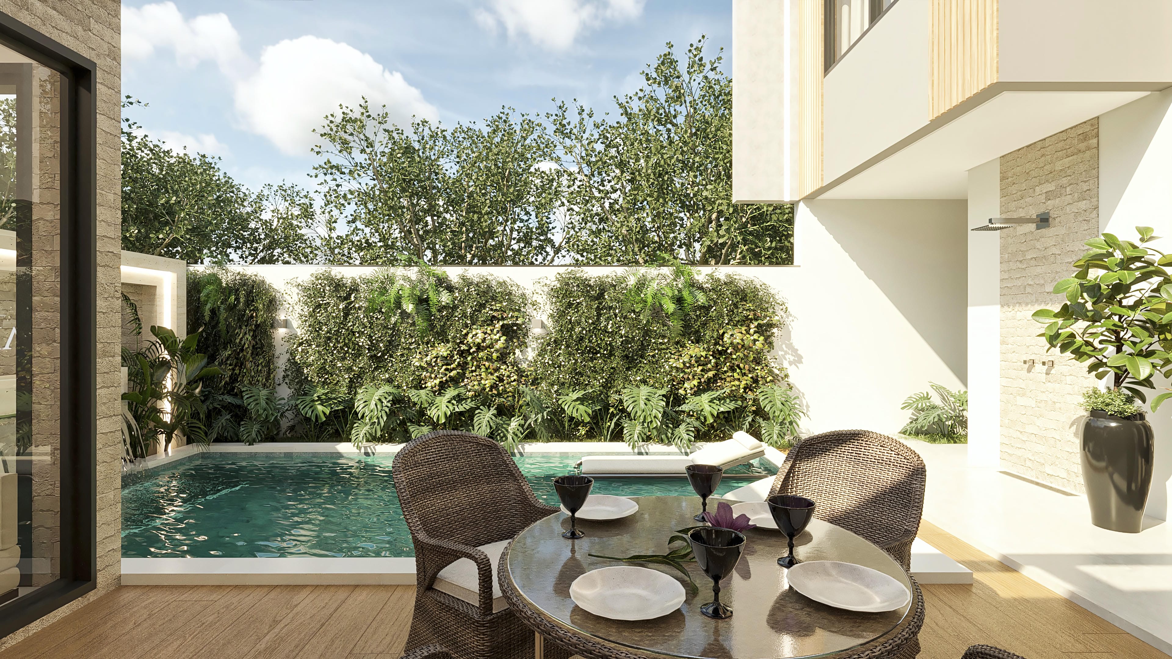 Área de lazer com piscina, deck de madeira, mobiliário elegante e jardim vertical em sobrado moderno de 3 dormitórios.