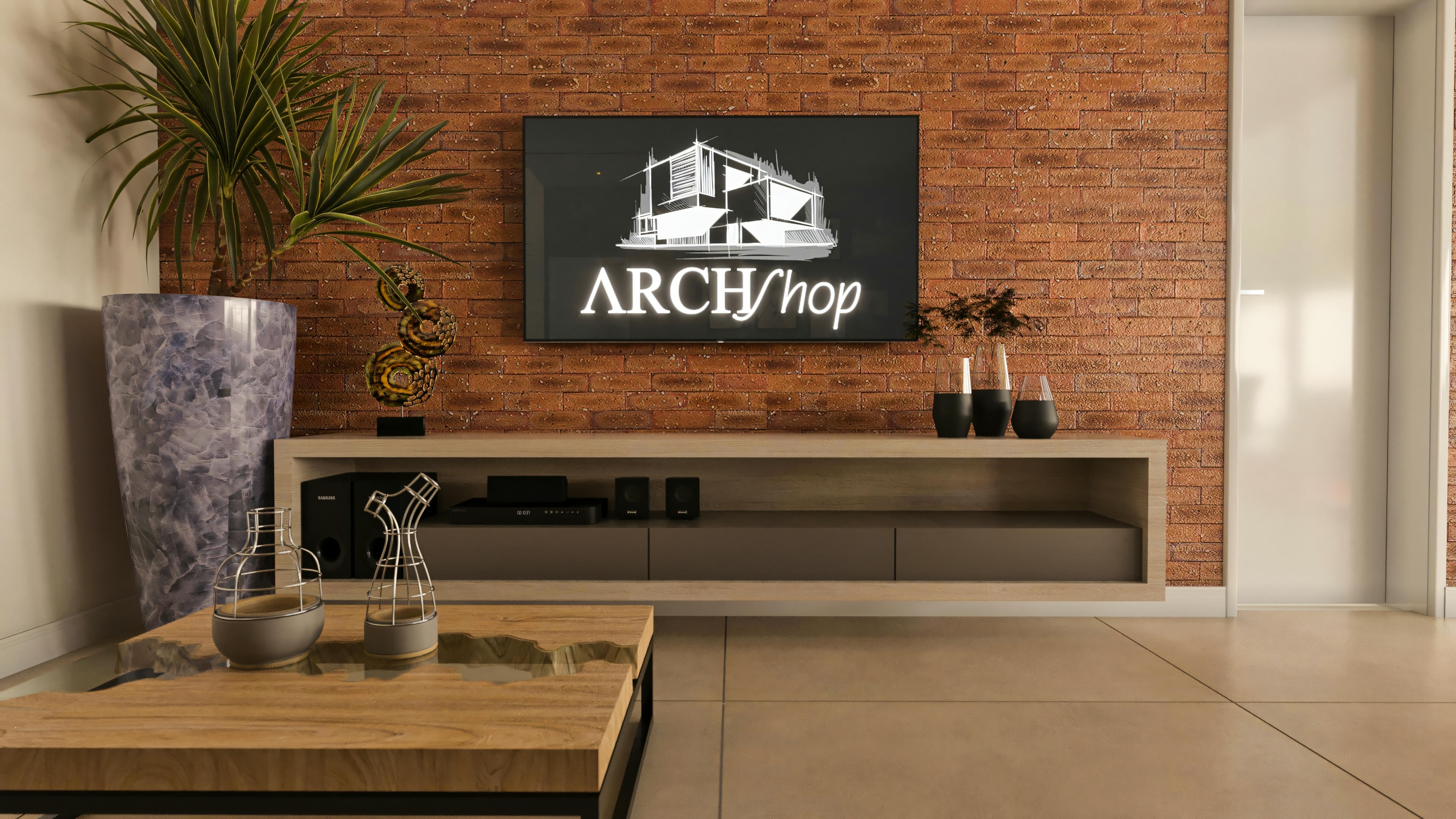 TV room with an exposed brick panel, suspended wood rack, and TV. This environment is part of a 20x25 lot house project, with 394.84sqm, 4 suites, pool, office, and gourmet area.