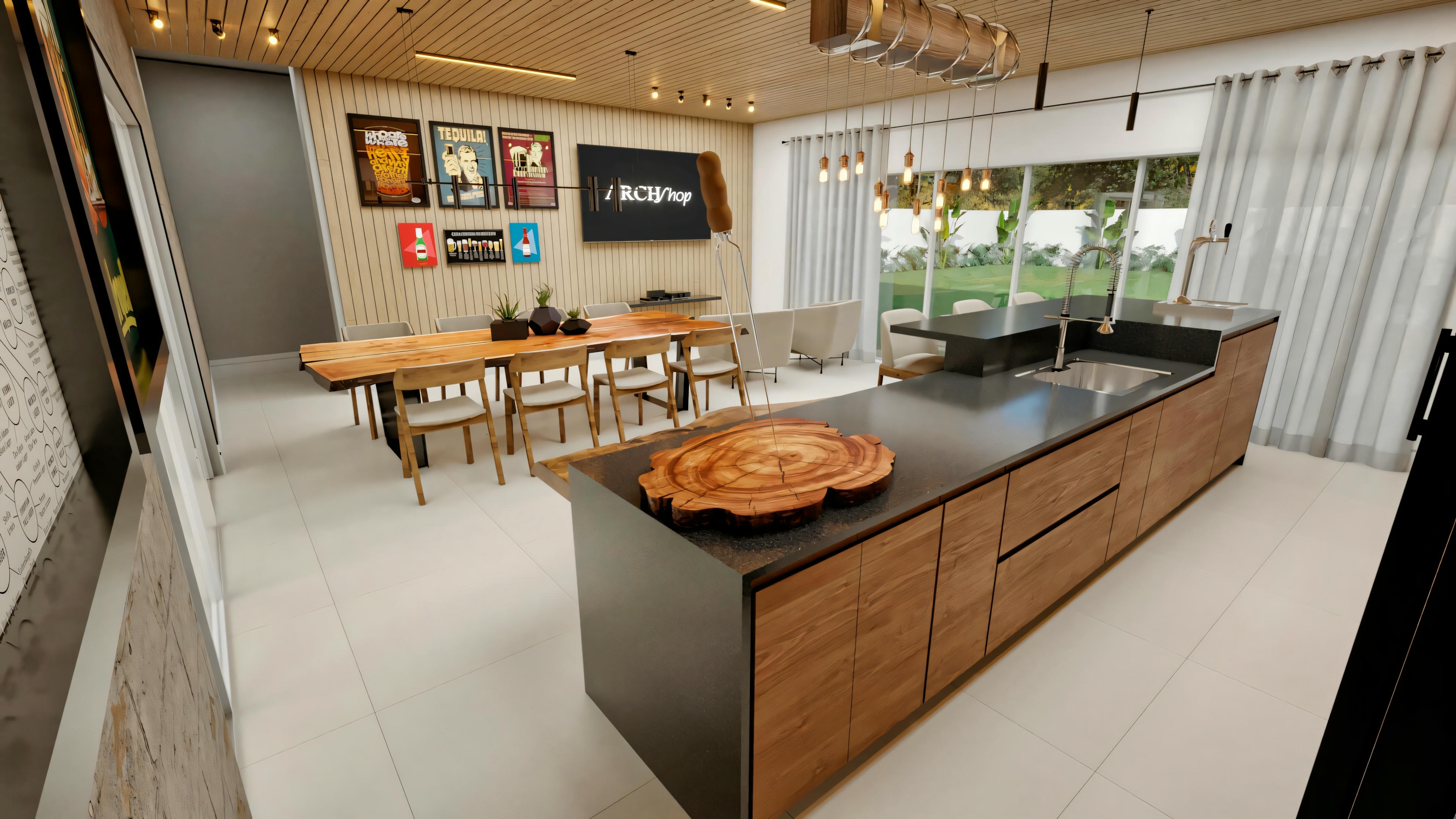 Espaço gourmet amplo e moderno com cozinha de ilha integrada à sala de jantar com mesa de madeira, forro de madeira e acesso à área externa, em casa neoclássica de 416.97m².