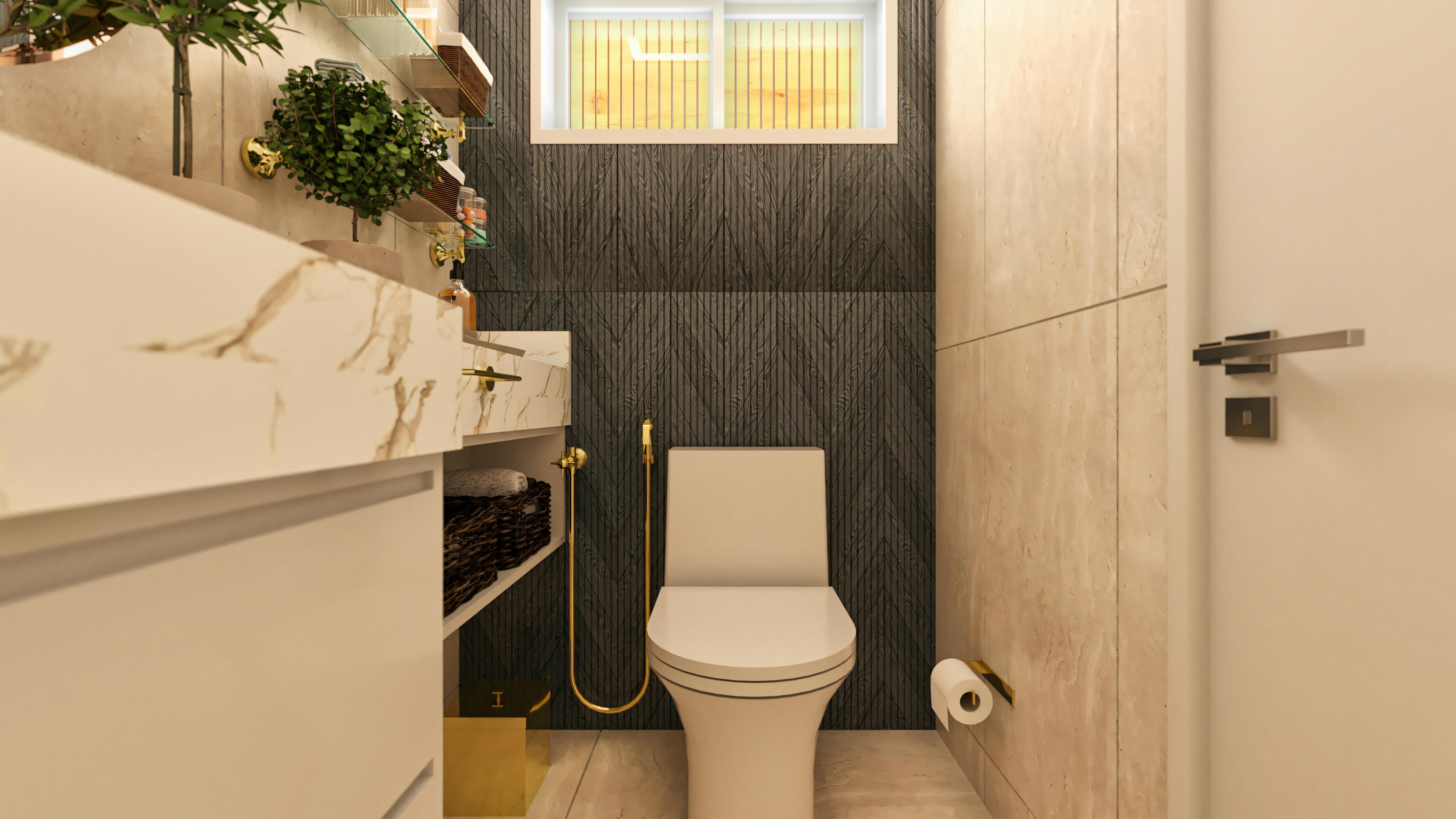 Aseo elegante de la casa de alto estándar con 5 suites, presentando encimera con lavabo tallado (o sobrepuesto) en patrón mármol, grifería dorada, pared del fondo con panel texturizado oscuro, y estanterías decorativas.