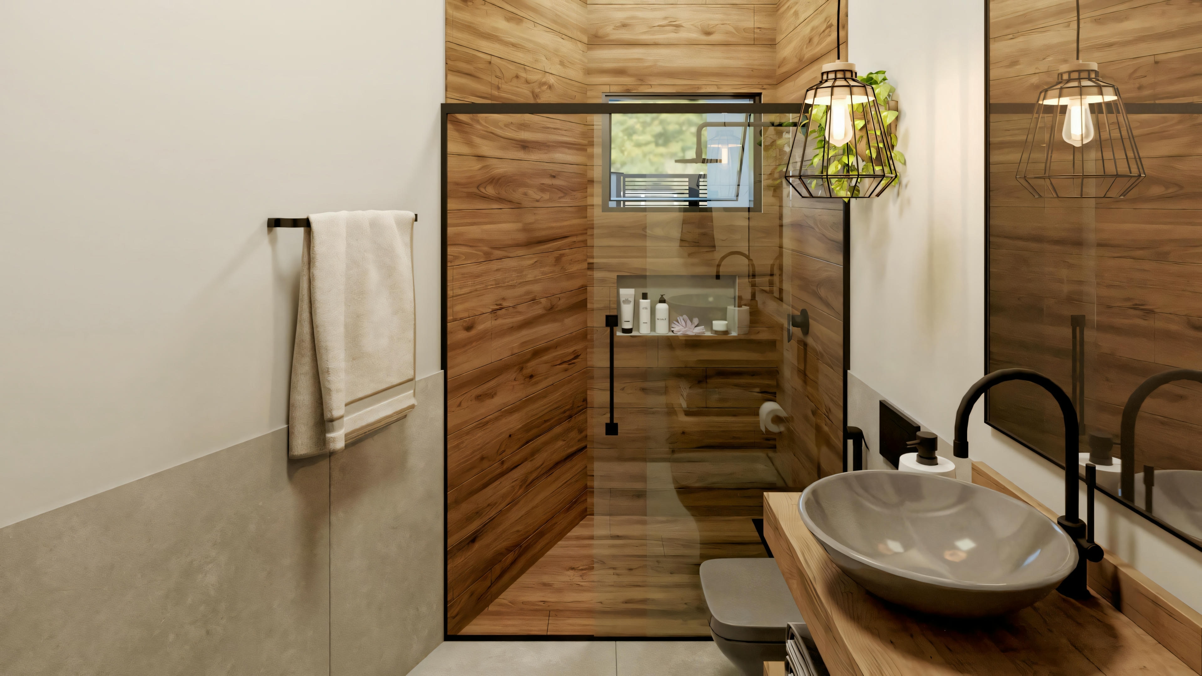 Un baño con paneles de madera en las paredes, espejo grande, lavabo blanco sobre un tocador de madera con cajones y toalla colgada al lado.
