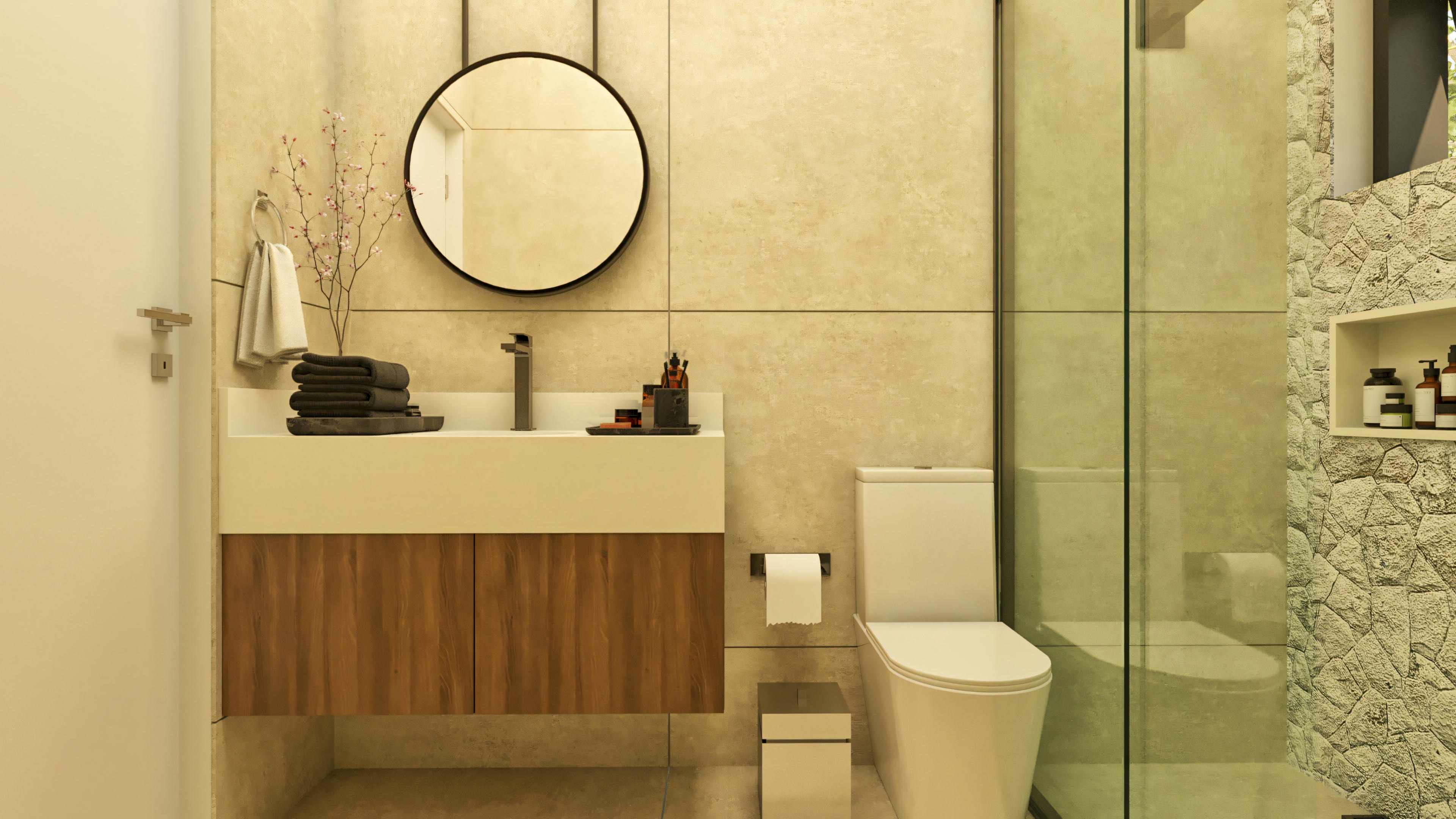 Baño con revestimiento de piedra.