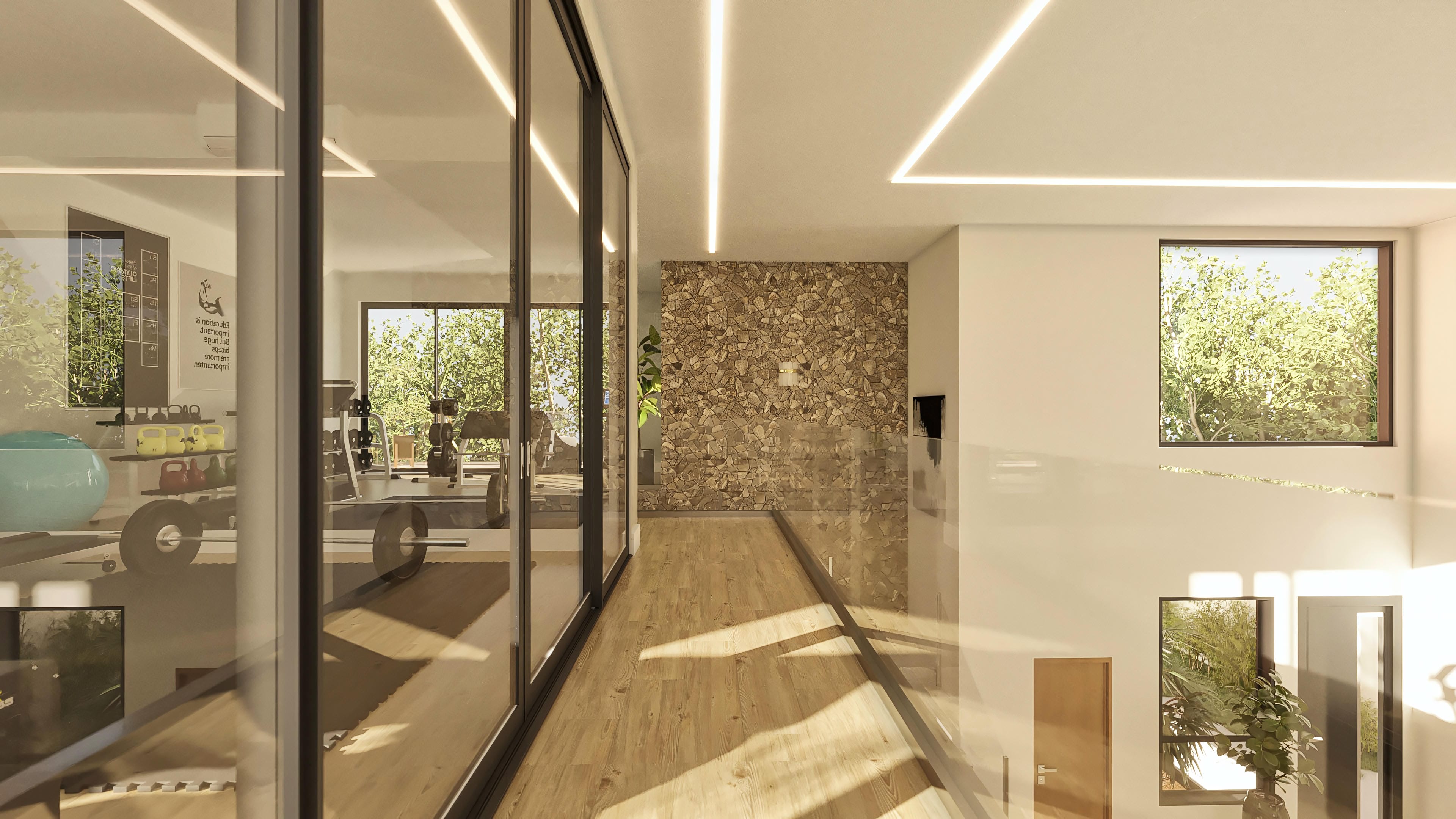 Interior de sobrado moderno com área de academia envidraçada, piso de madeira clara, parede com revestimento em pedras e iluminação embutida.