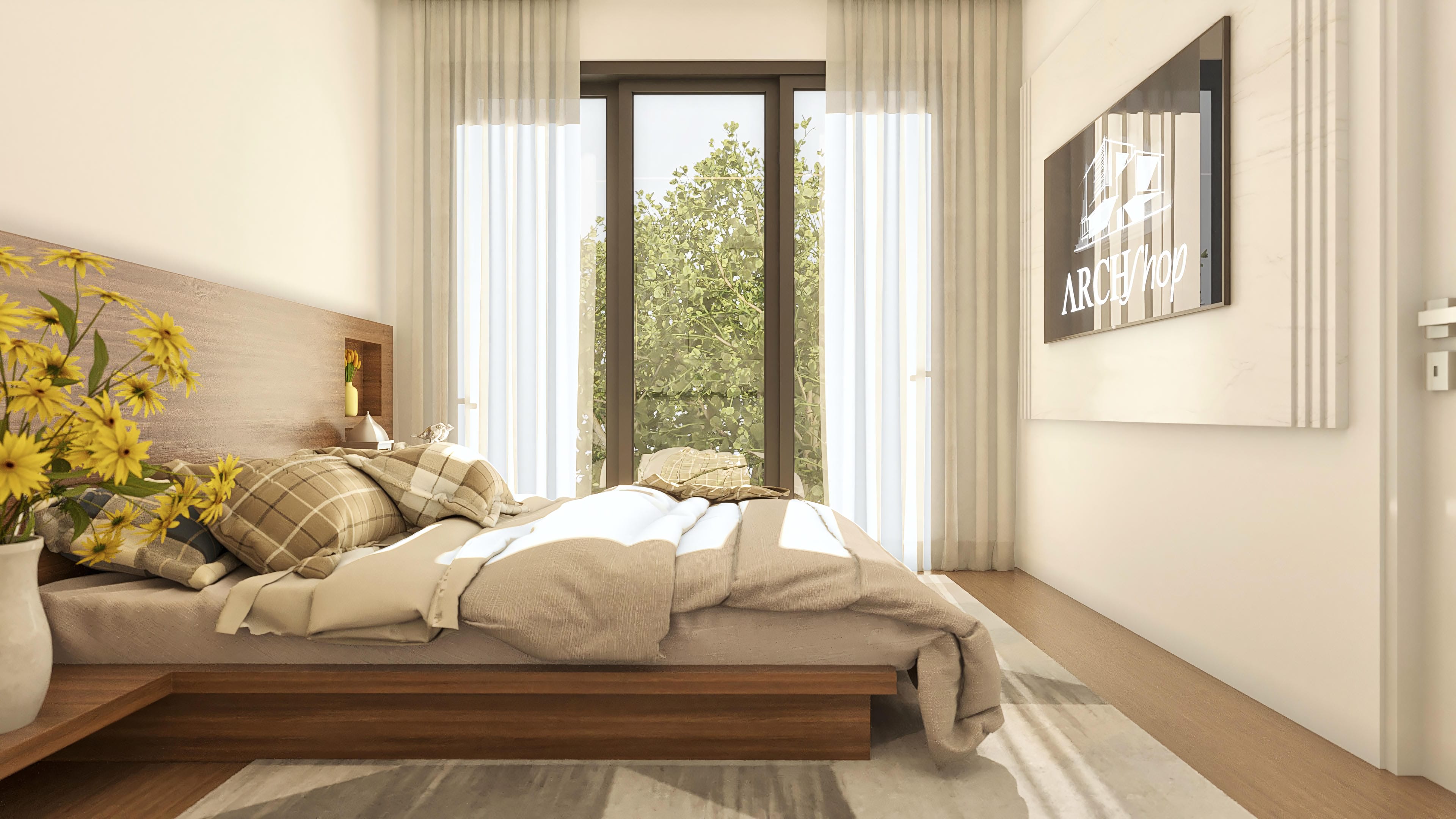 Interior de habitación neoclásica con cama cómoda, cortinas elegantes y amplia ventana con vista al área verde. Decoración de alto estándar.