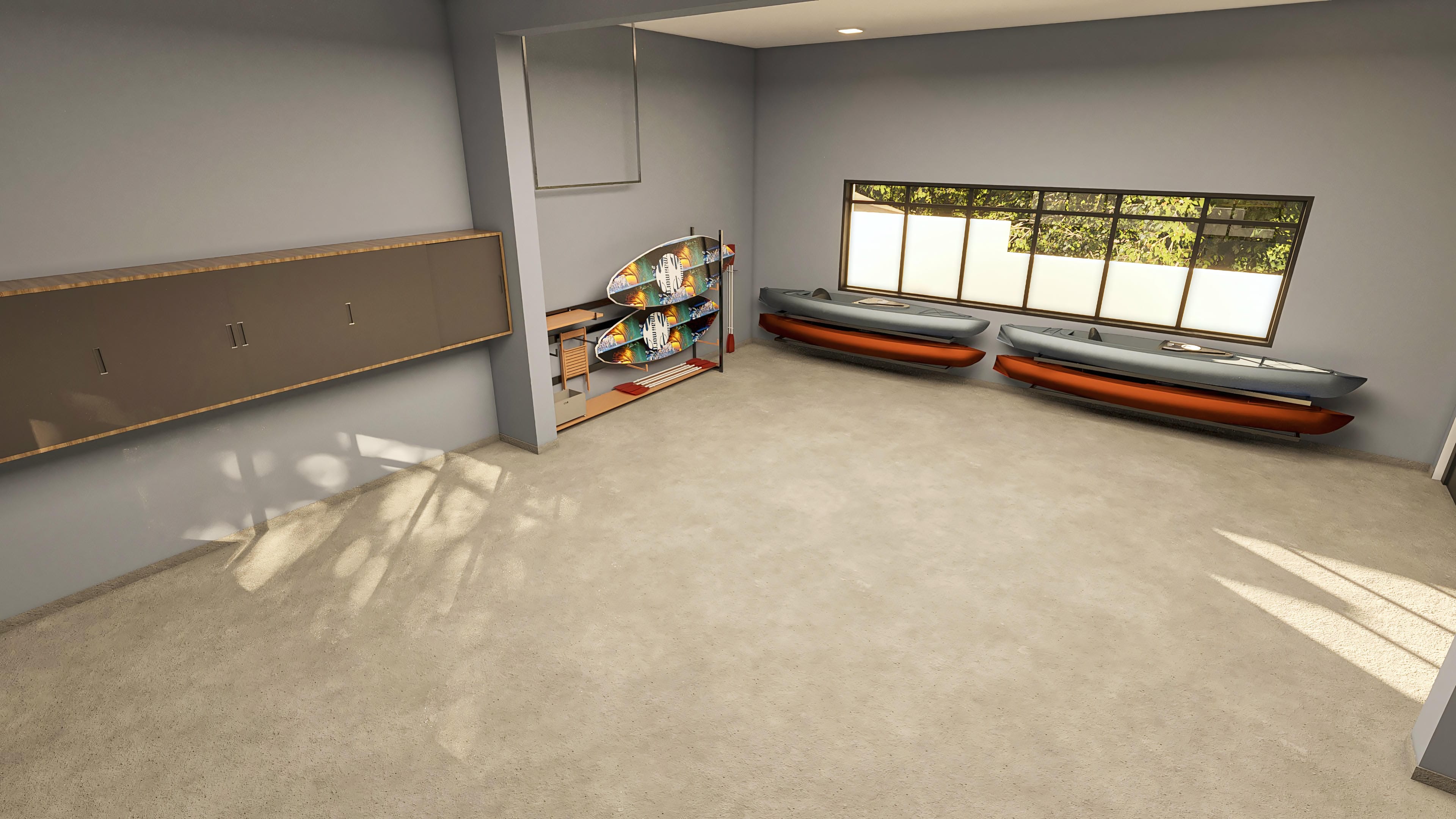 Storage space with surfboards, kayaks, and custom cabinets, ideal for high-end projects with an artificial beach.