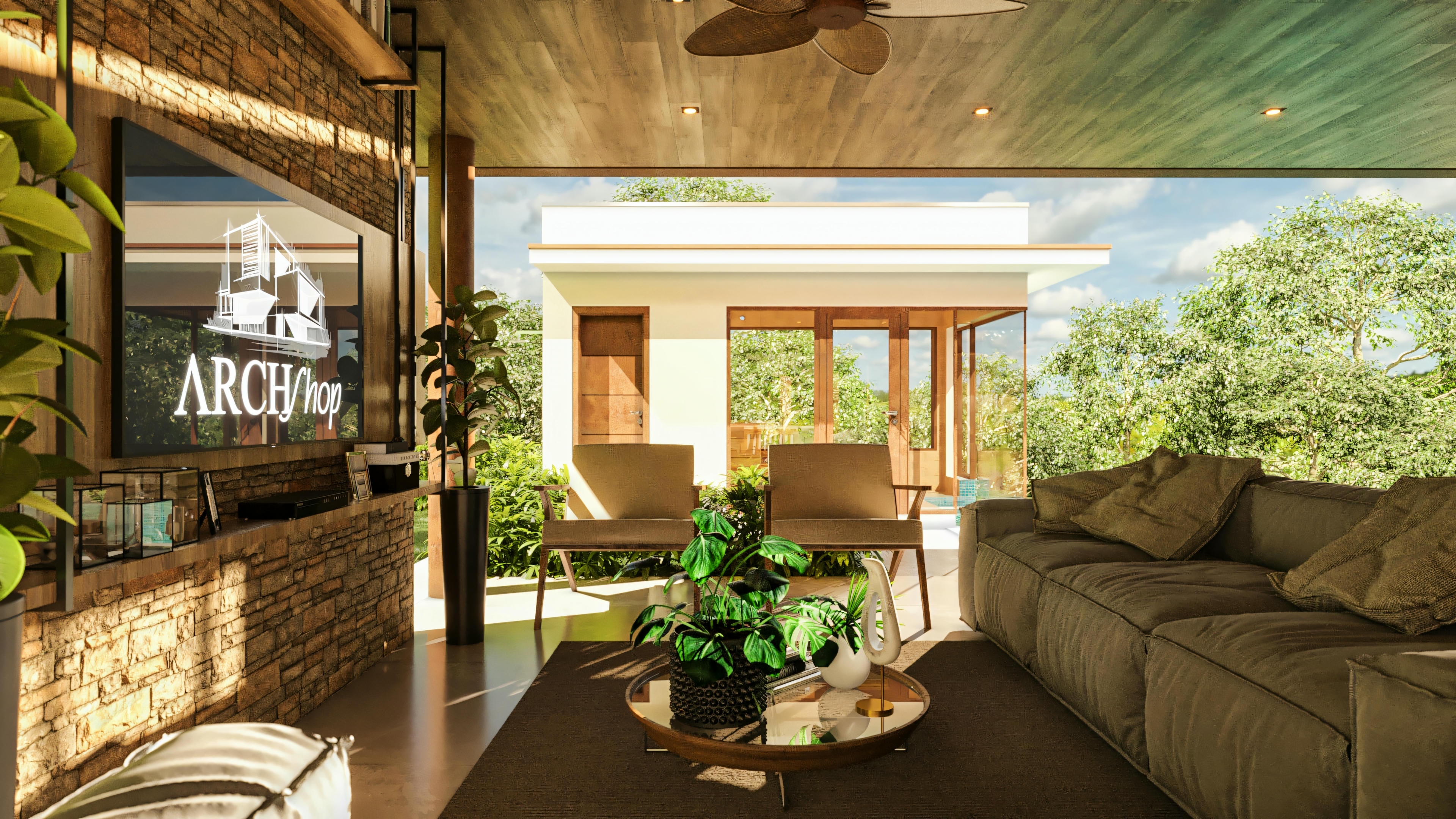 Rear facade of a modern and imposing house project, showing integration of the internal social area with the pool through glass doors. Highlight for the pool with deck, upper balcony with glass railing. House with 555.9m², 4 suites, gourmet area, and 3-car garage.