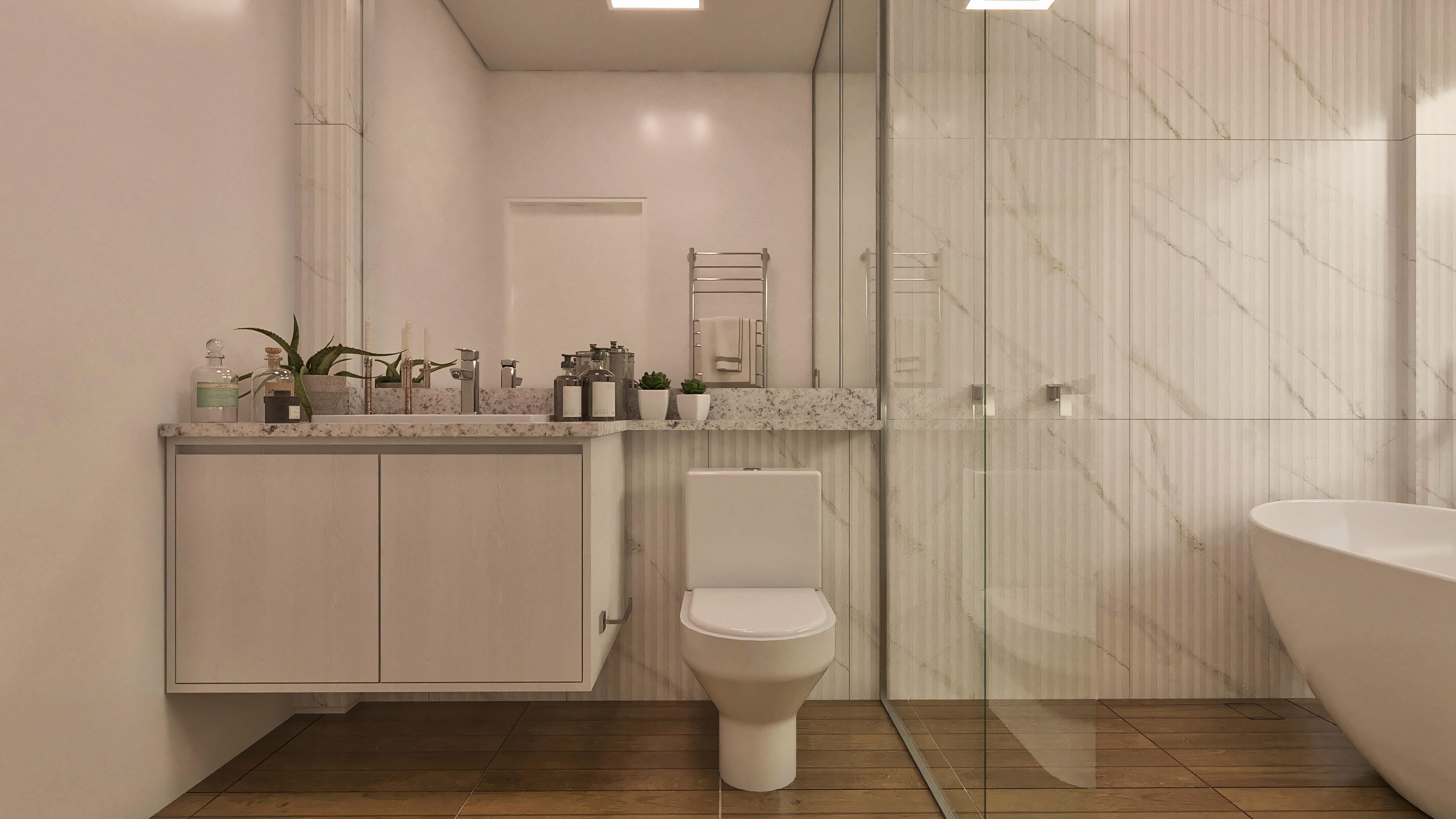 Modern bathroom with marble countertop, suspended cabinet in a light tone, white sanitary ware, freestanding bathtub, and shower stall with walls covered in large-format porcelain tile with marbled veins.