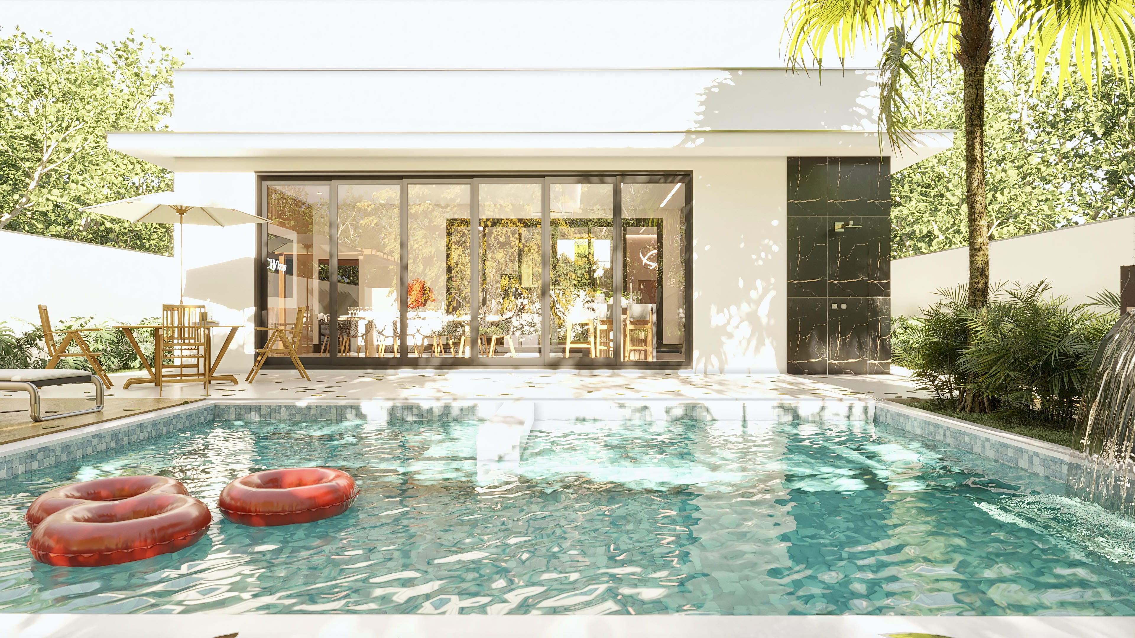 External view of a modern single-story house with pool, gourmet area, and large glass windows reflecting lush vegetation.