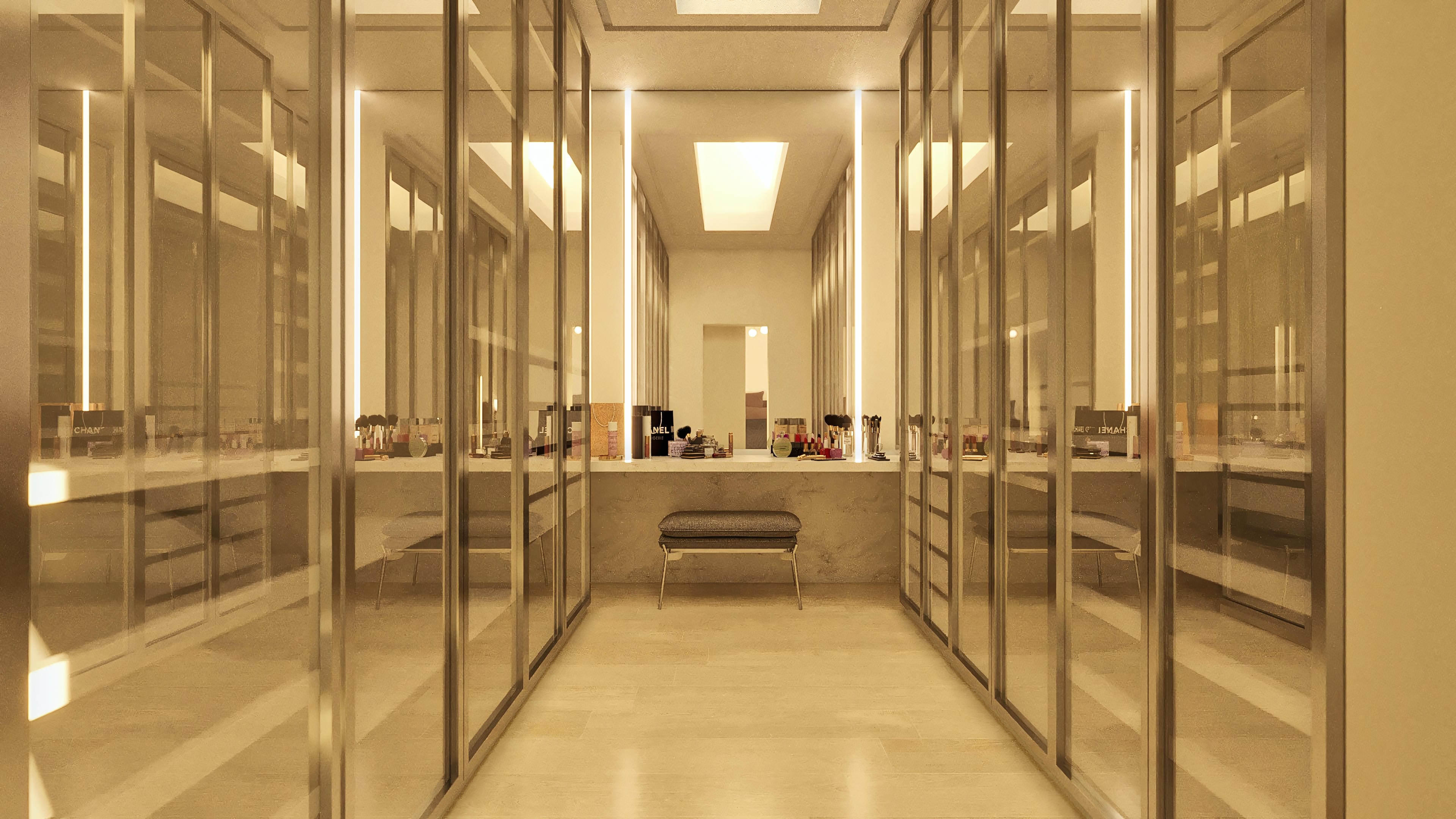 Modern closet with large mirrored glass doors, built-in linear lighting, and organized shelves, referring to sophistication and practicality.