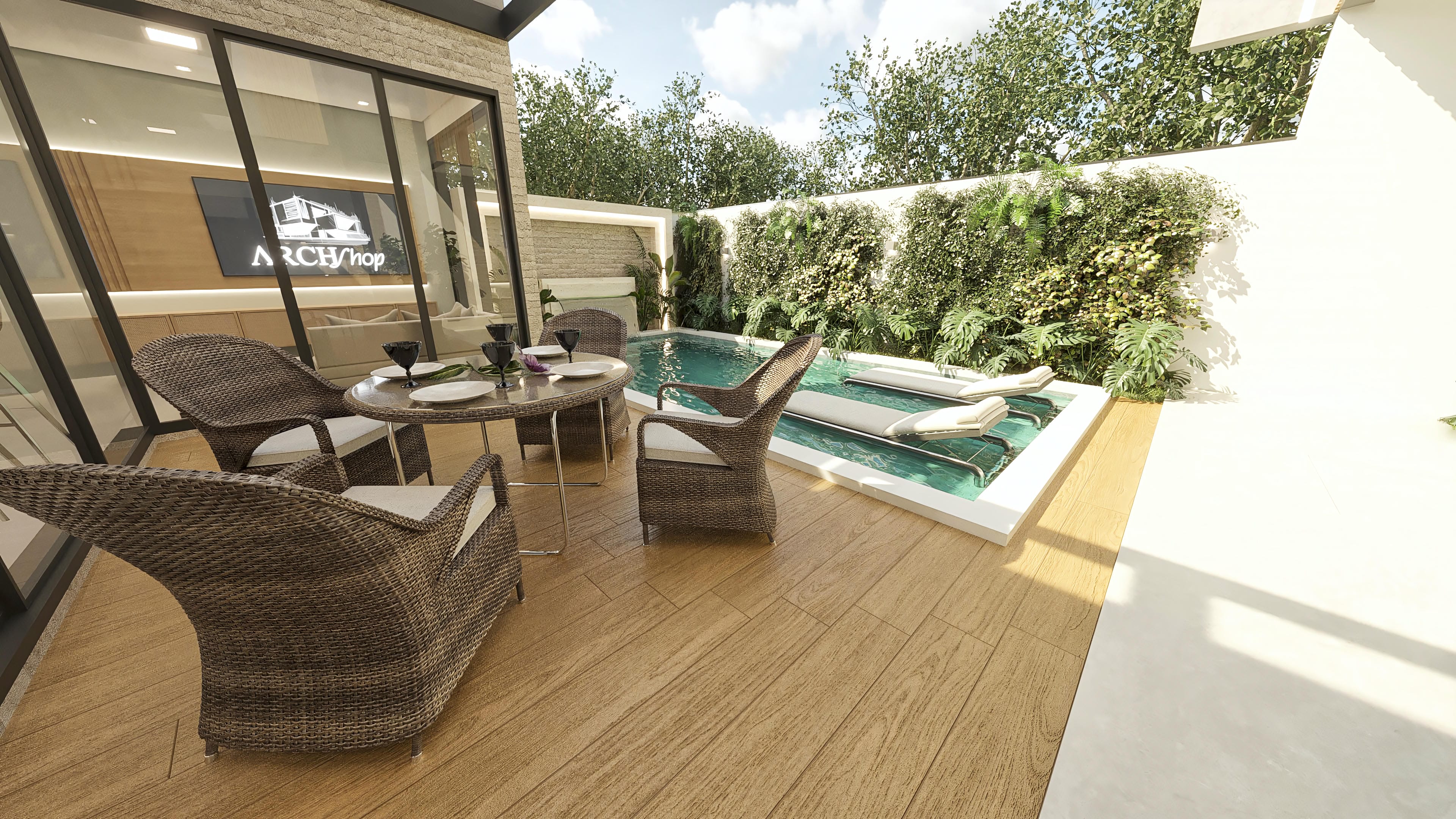 External view of a modern two-story house with a gourmet area and pool, ideal for 10x25m lots. Highlighting the facade with stone cladding, large windows, and a complete leisure area.