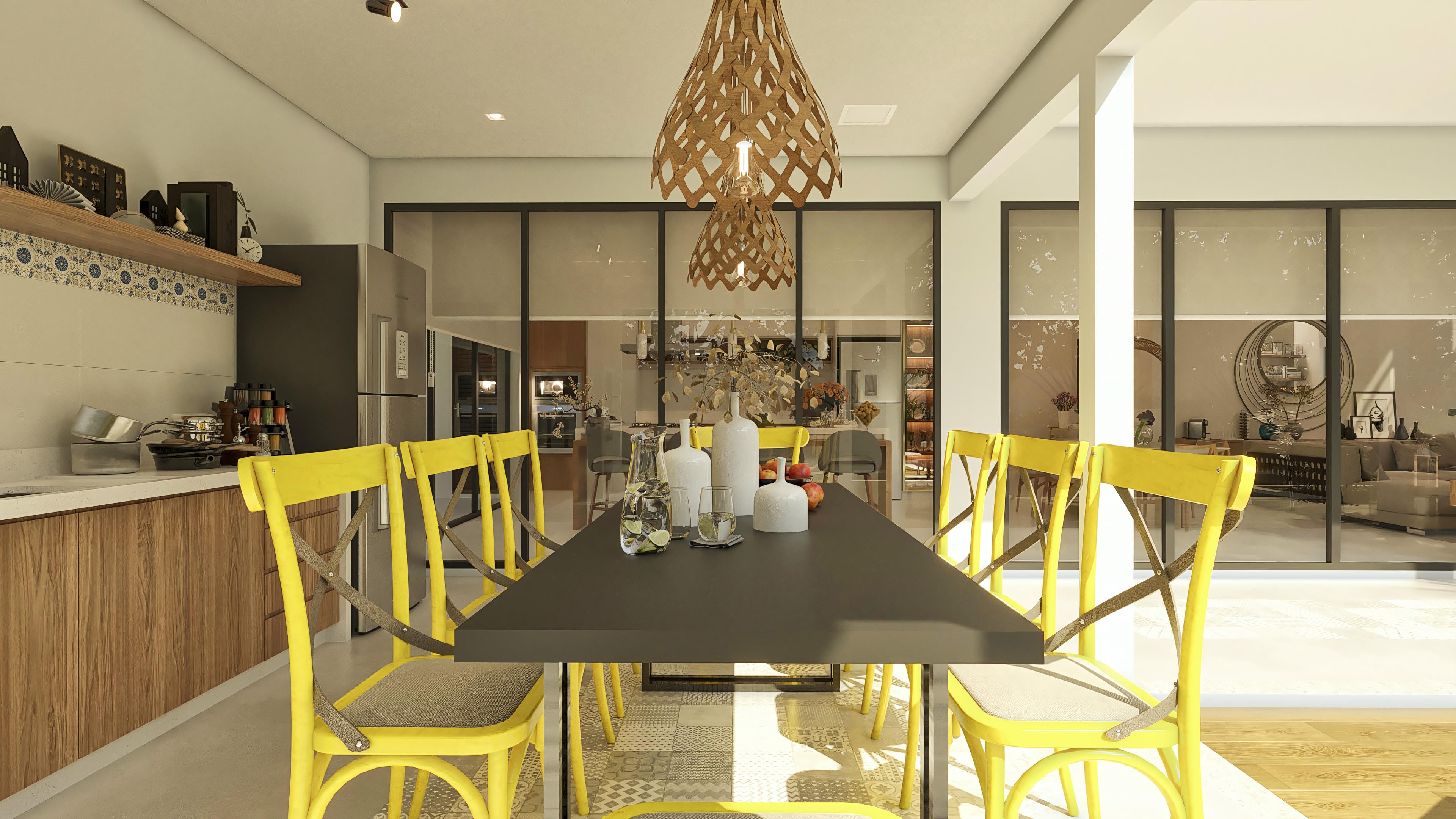 Interior of a modern two-story house with integrated dining room and kitchen, highlight for vibrant yellow chairs, dark table, and sculptural light fixtures. Large windows connect with the outdoor area.