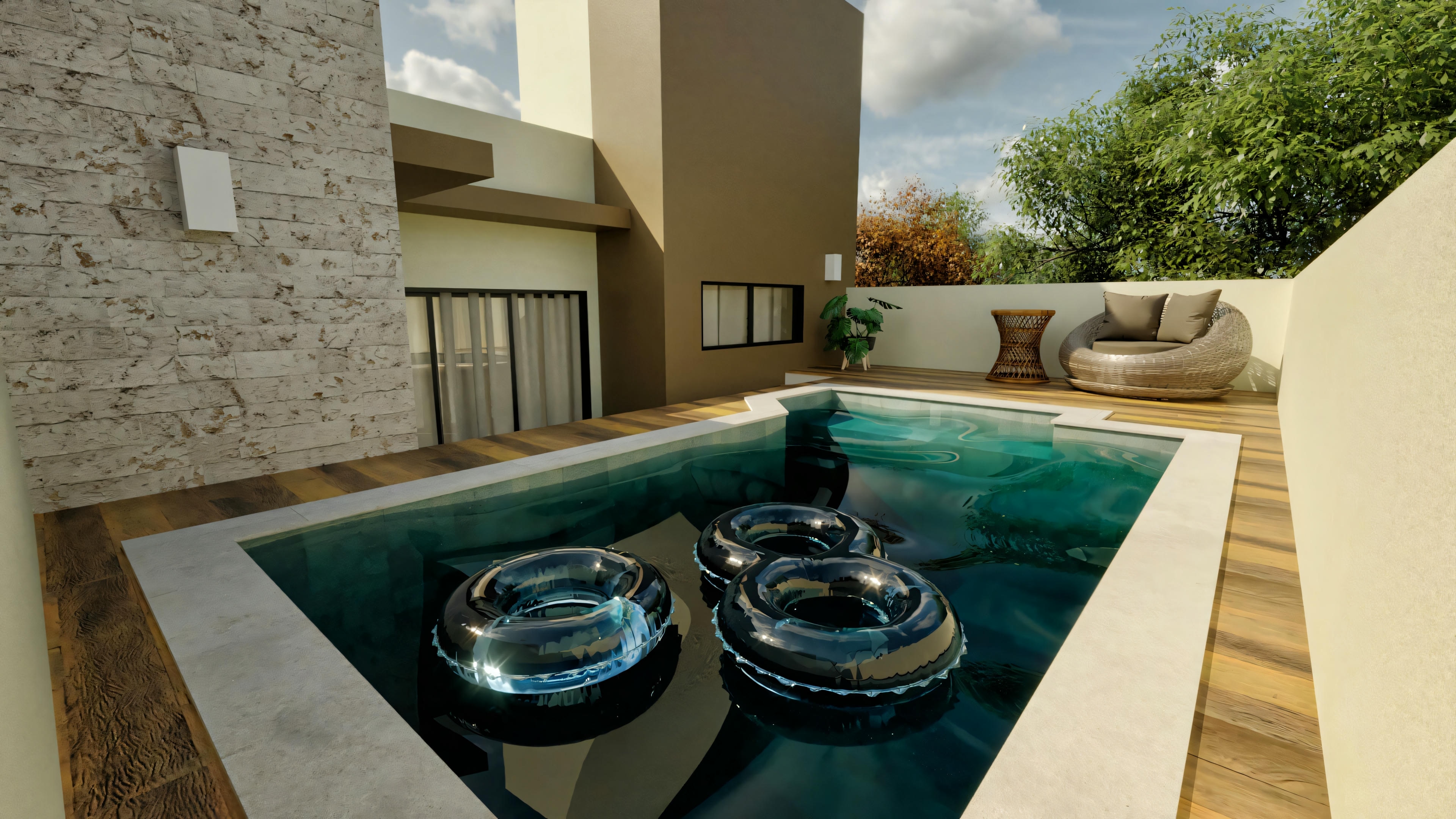 An outdoor area com a hot tub surrounded by plants e a building in the background.