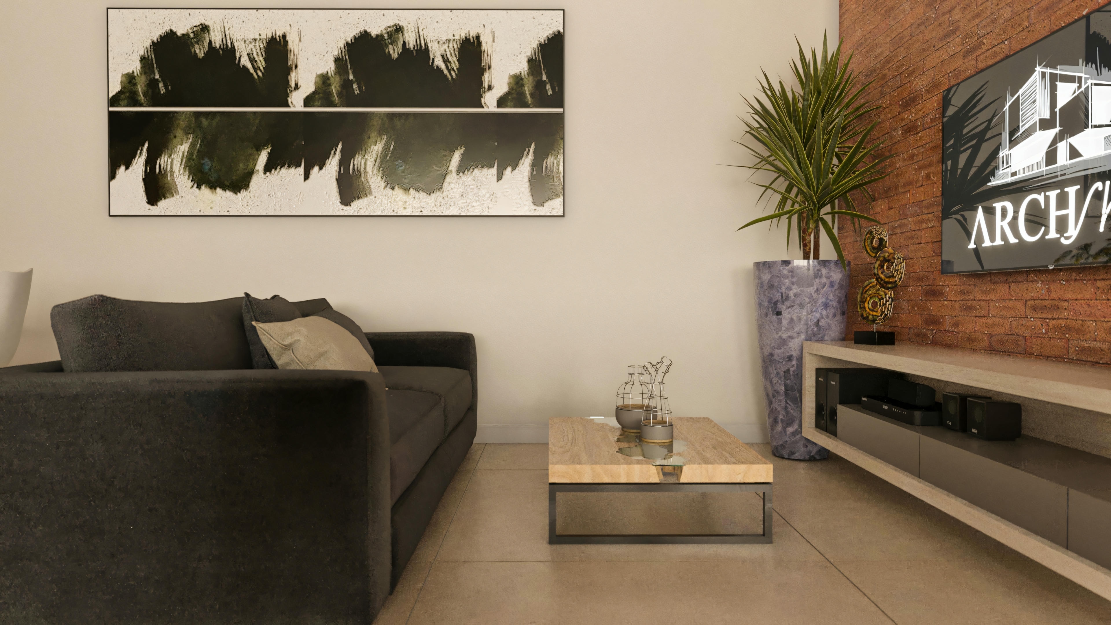 Vista de la sala de estar con sofá oscuro, mesa de centro de madera y metal, cuadro abstracto en la pared y detalle de la pared de ladrillos al fondo. Este ambiente integra un proyecto de casa con 4 suites, piscina, oficina y quincho en terreno de 20x25, con 394.84m².