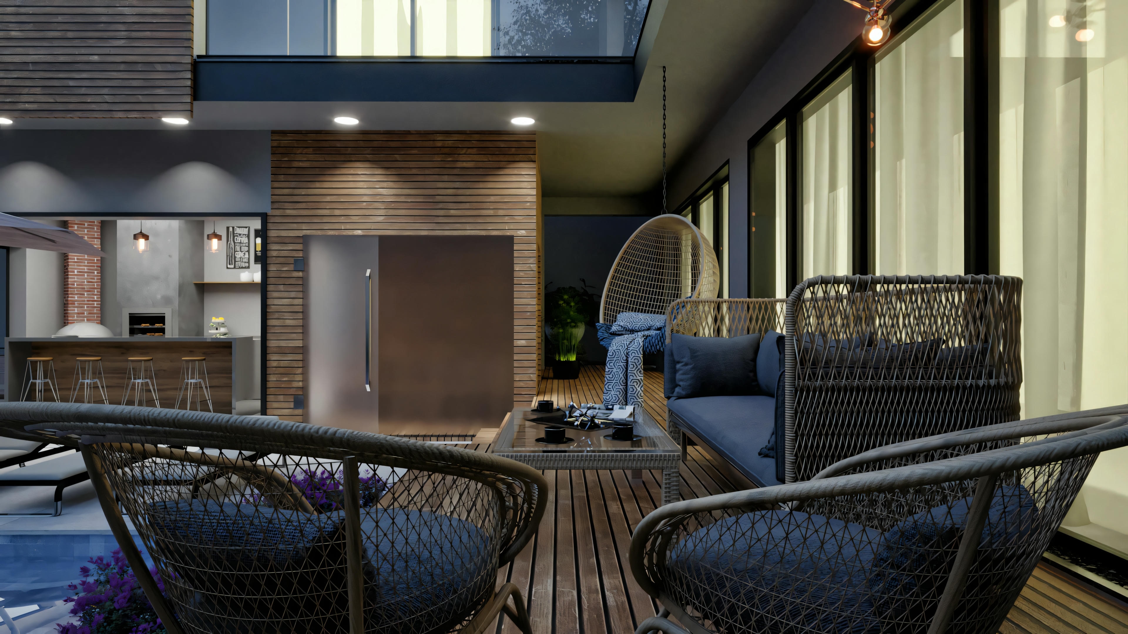 Terraza cubierta con lounge exterior amueblado con sofá y sillones de fibra, suelo en terraza de madera e iluminación acogedora. Parte del área de ocio de una casa moderna de 4 suites y 316.98m² en terreno 17x27.
