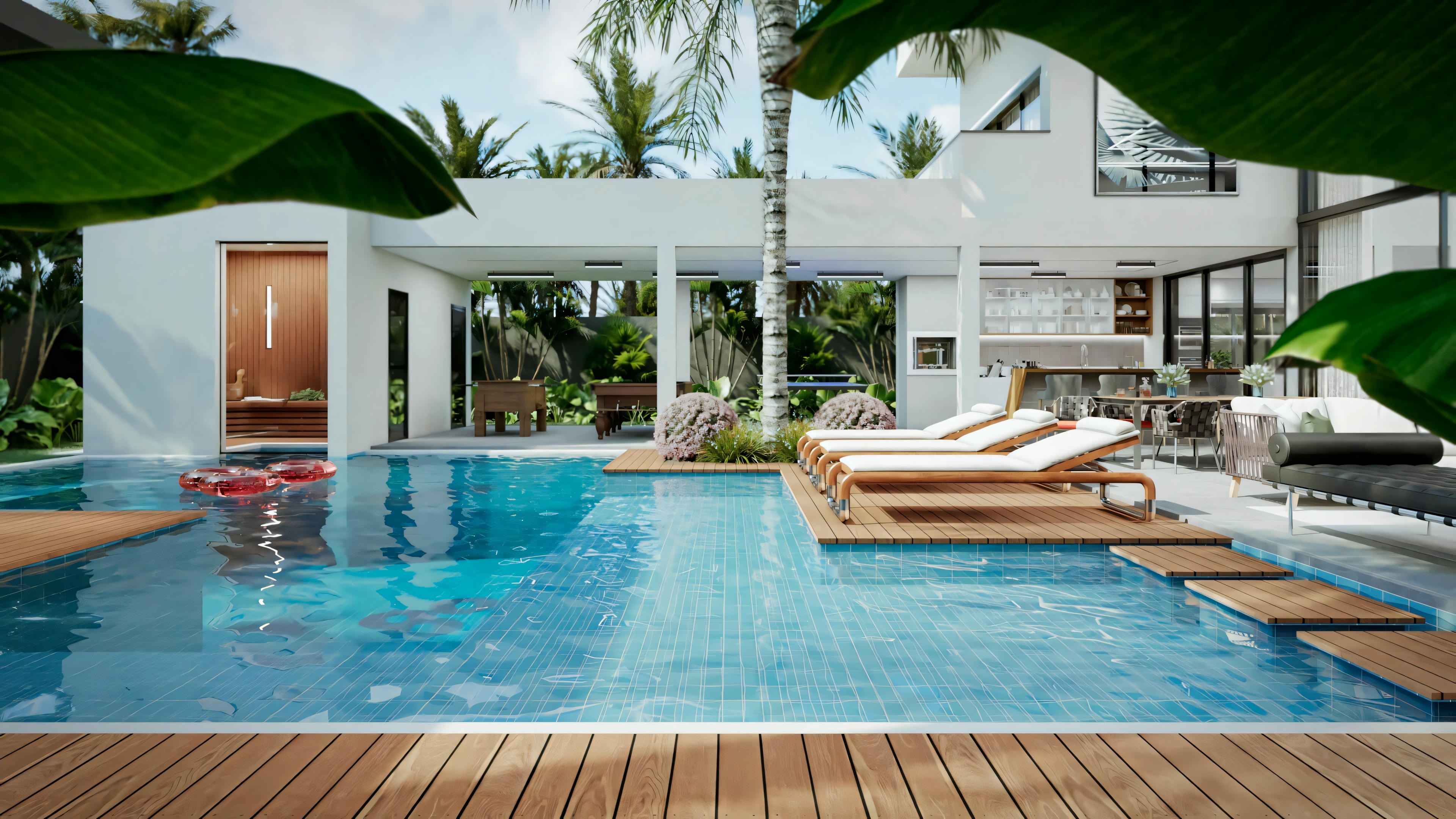 Uma área de piscina externa luxuosa com água azul clara. Ao redor da piscina, há várias comodidades, incluindo espreguiçadeiras