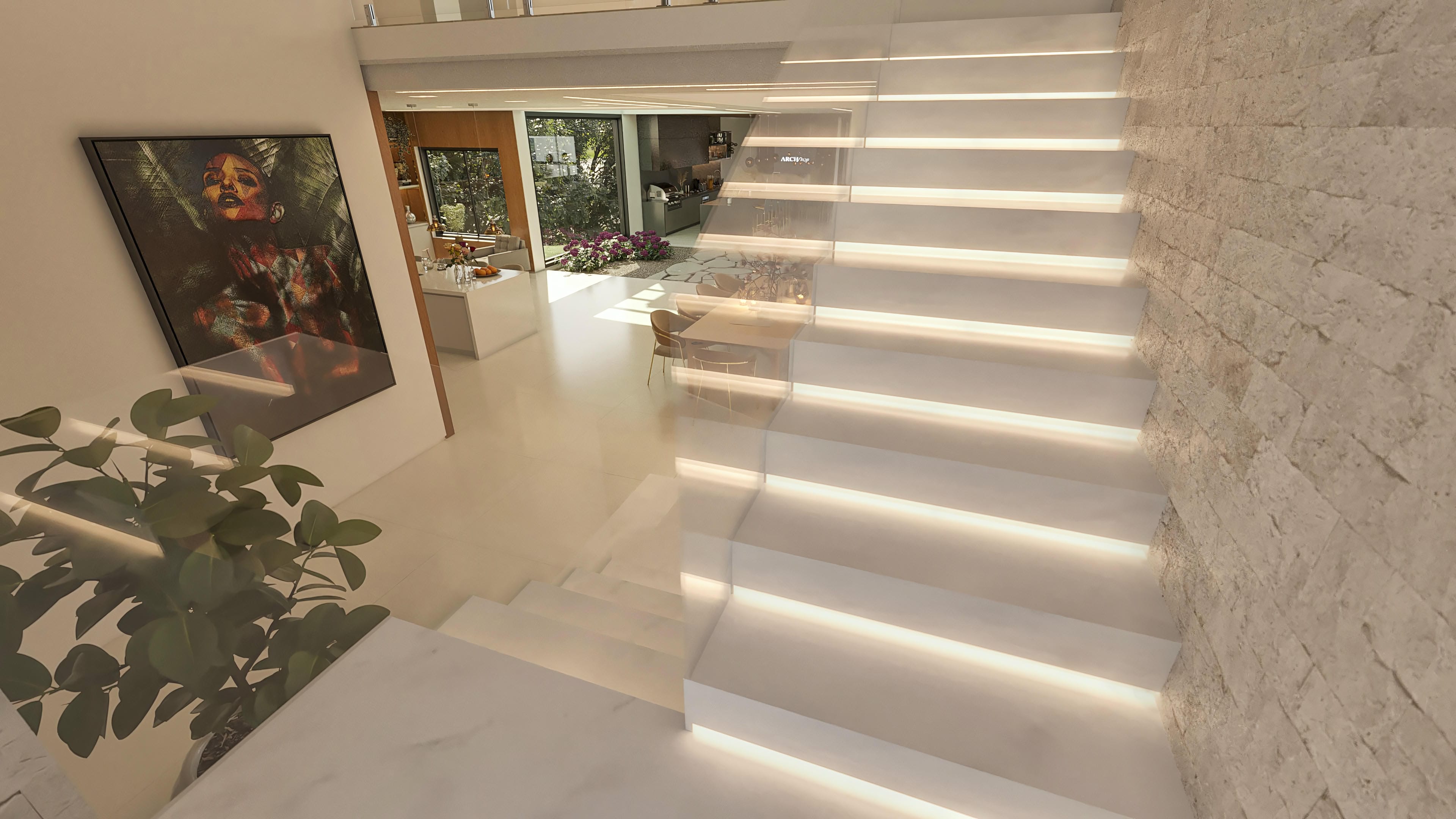 Escada moderna com degraus iluminados e parede em pedra natural, integrada a uma área social com vista para o jardim.