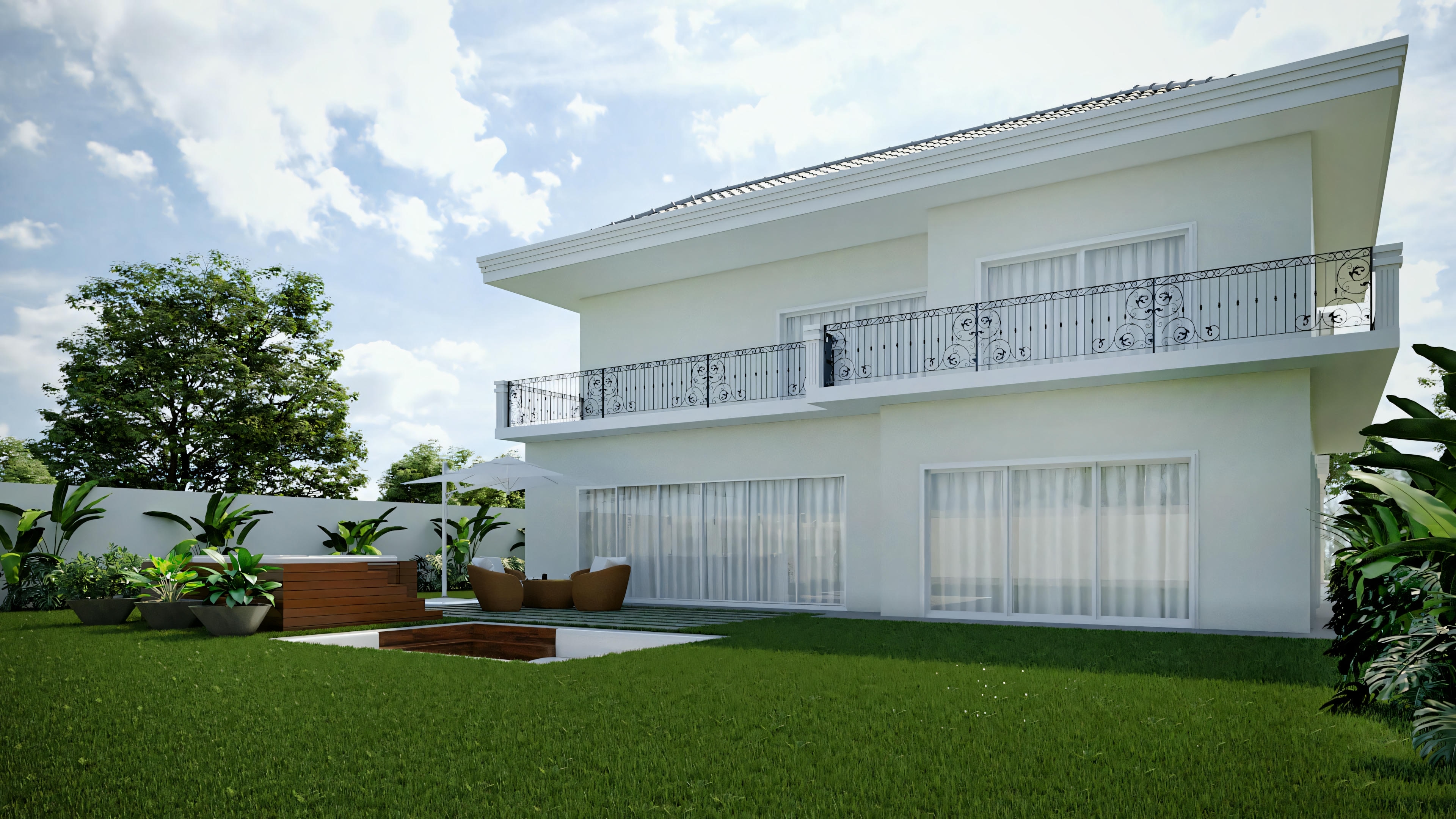 Fachada posterior de chalet estilo neoclásico moderno con 416.97m², terraza con barandilla de hierro en el piso superior, jardín y zona de estar exterior, proyecto para terreno 20x40.